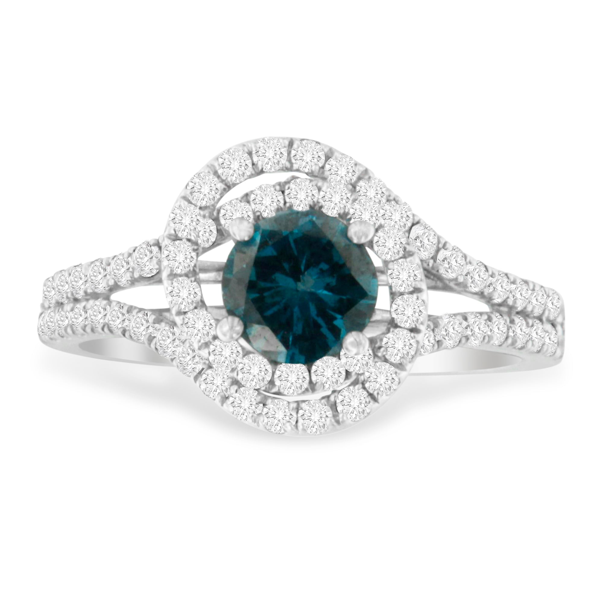 14K White Gold 1-1/3 Cttw White & Blue Diamond Interweaving Double Halo Cocktail Statement Ring Fancy Blue Color - Size 6