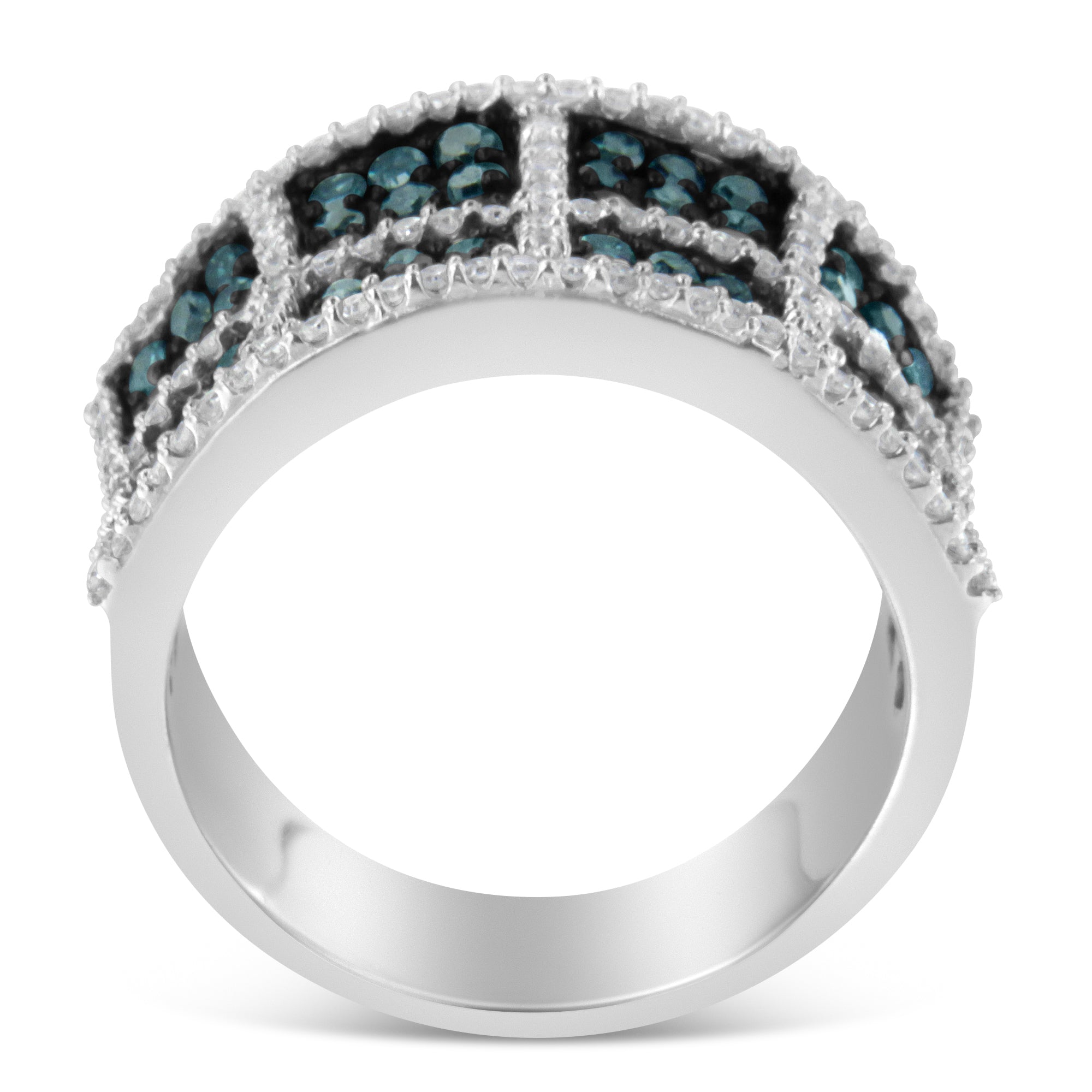 14K White Gold White and Blue Diamond Cocktail Ring - Size 6