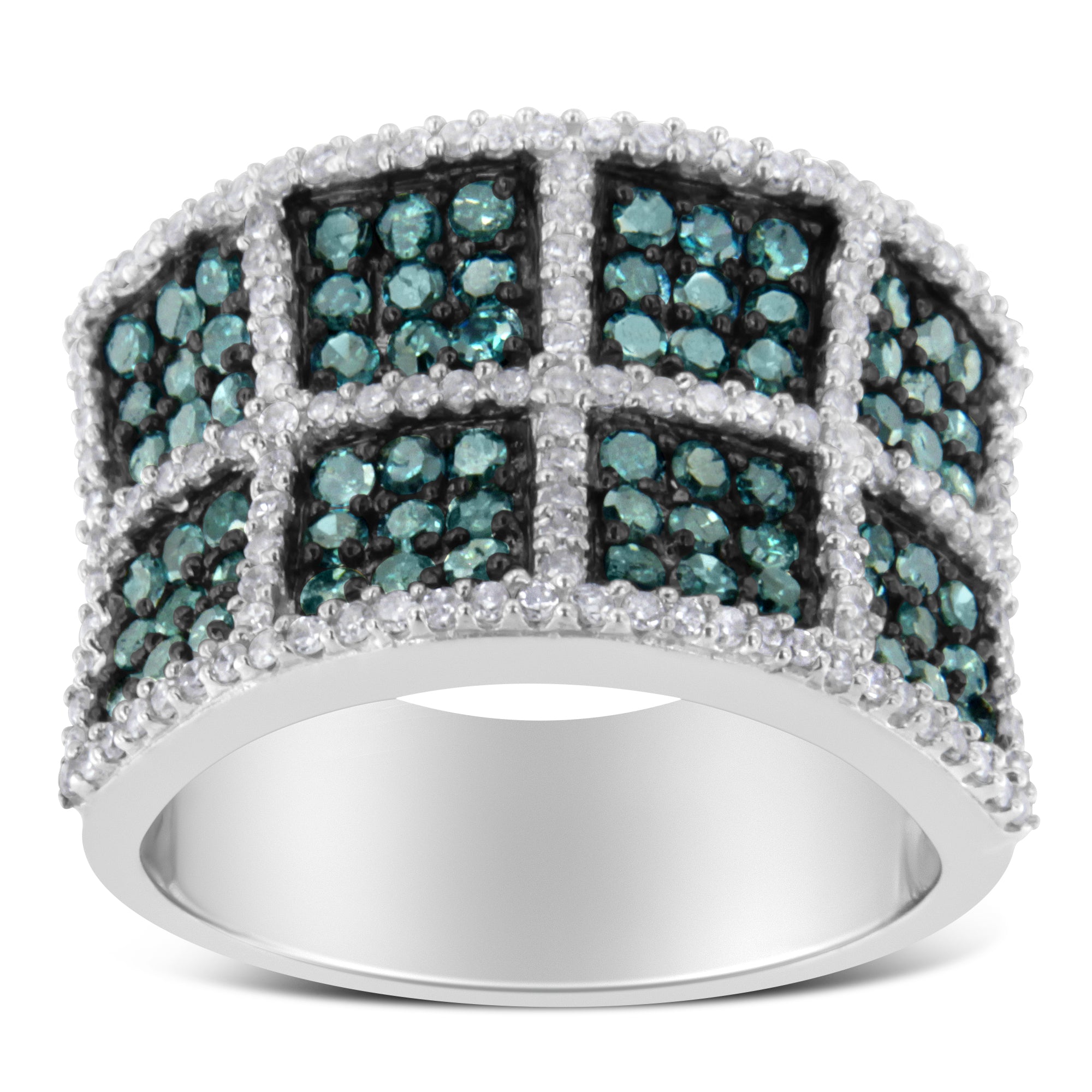 14K White Gold White and Blue Diamond Cocktail Ring - Size 6
