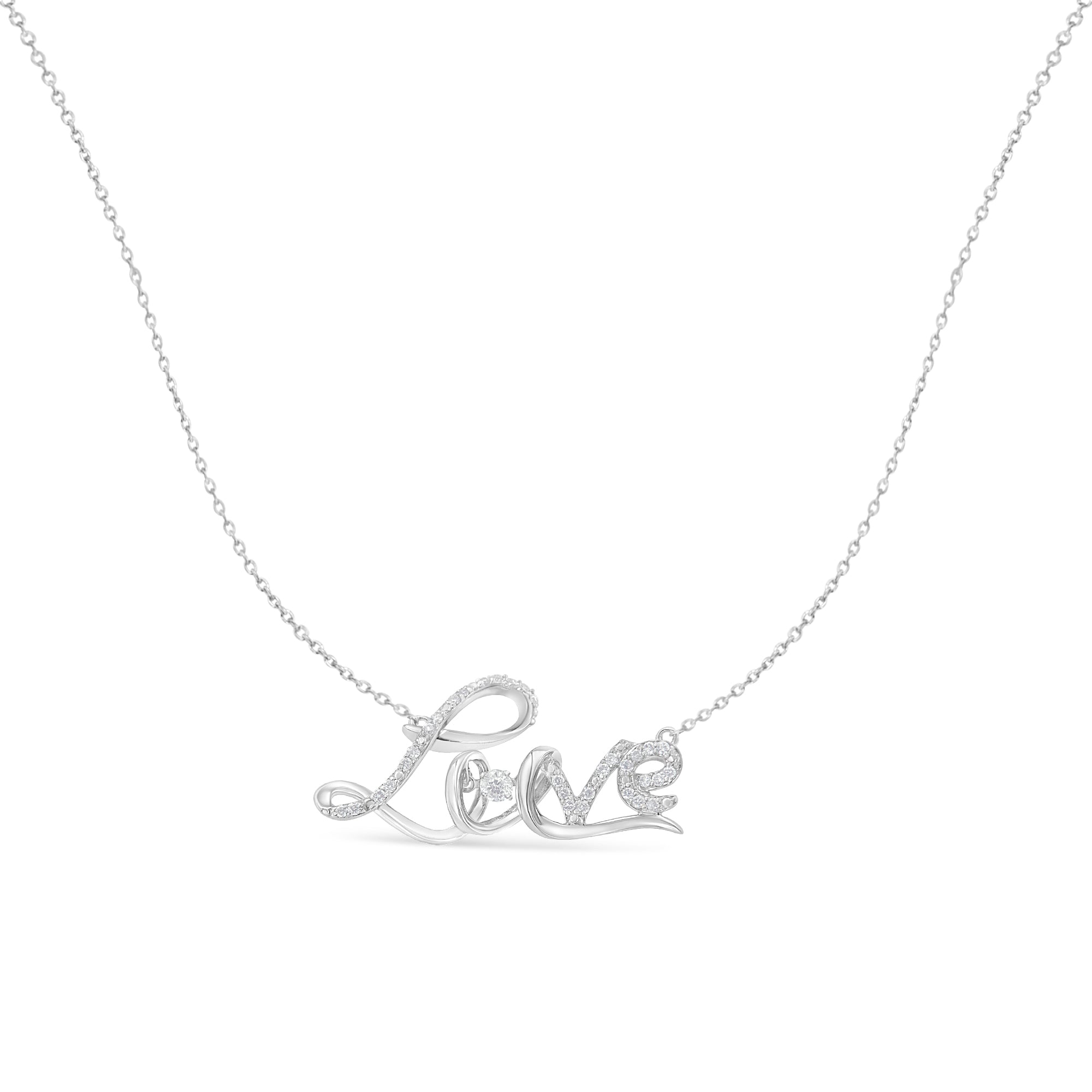 .925 Sterling Silver 1/4 Cttw Diamond Cursive "Love" 18" Pendant Necklace