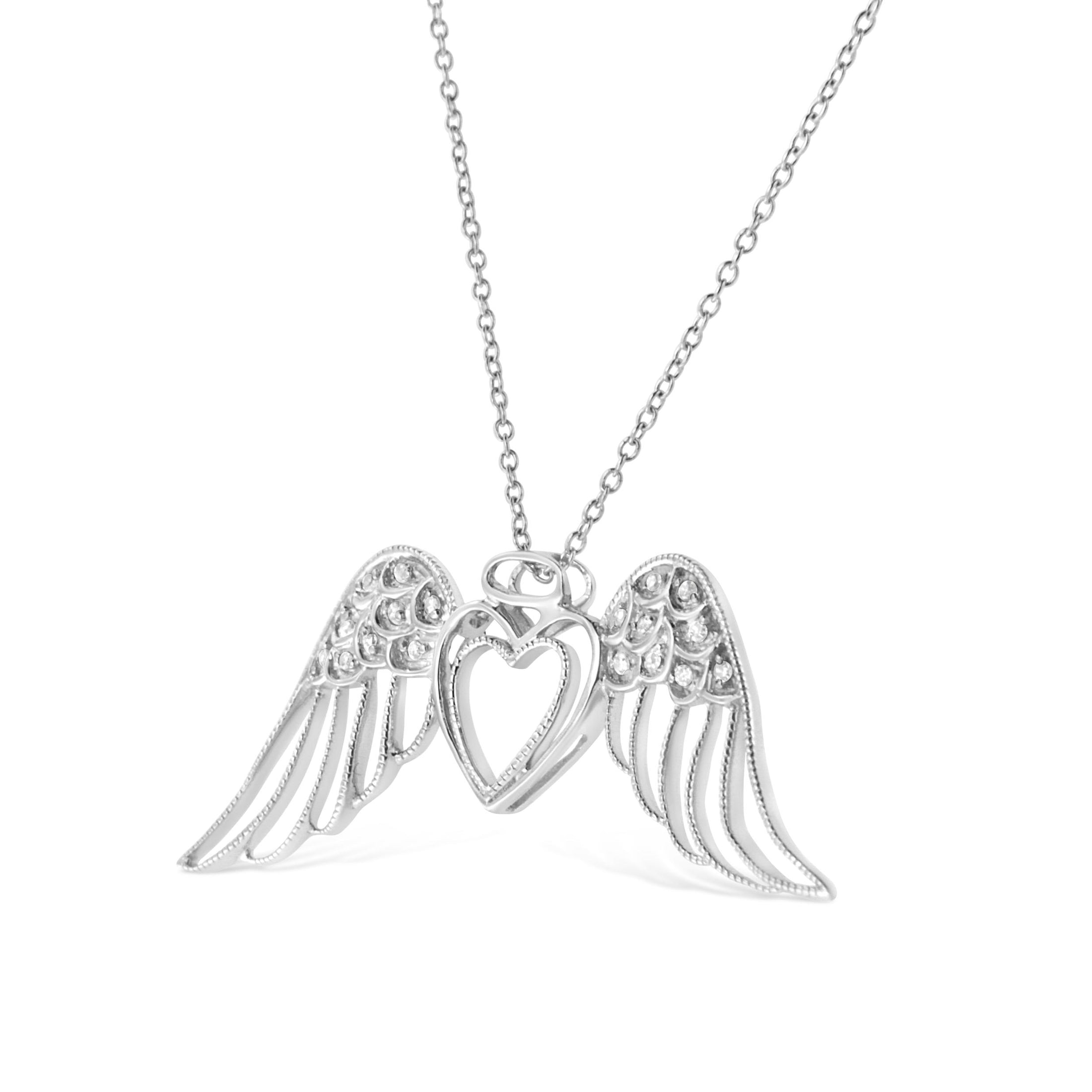 .925 Sterling Silver Pave-Set Diamond Accent Angel Wing 18" Double Heart Pendant Necklace