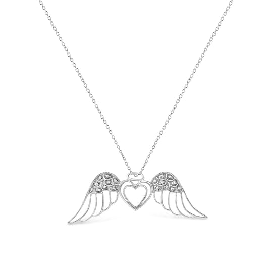 .925 Sterling Silver Pave-Set Diamond Accent Angel Wing 18" Double Heart Pendant Necklace