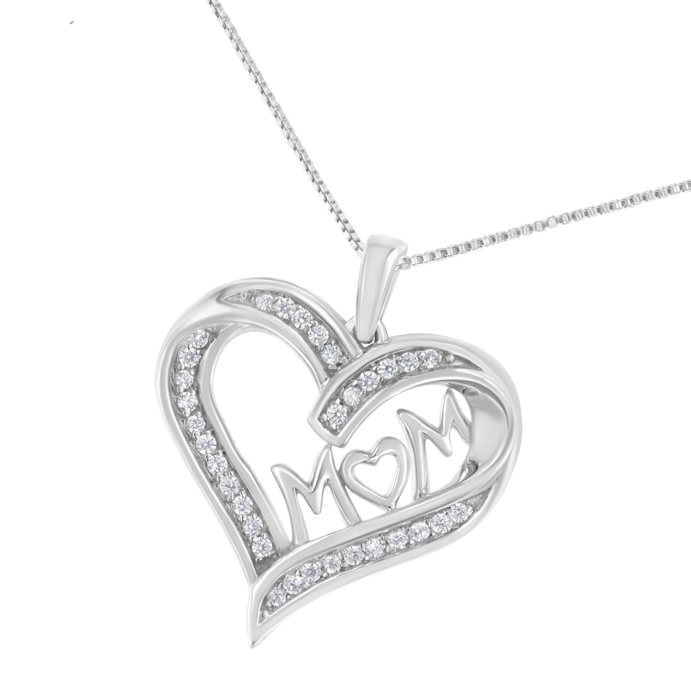 .925 Sterling Silver 1/4 cttw Diamond Engraved "Mom" in Heart Pendant Necklace