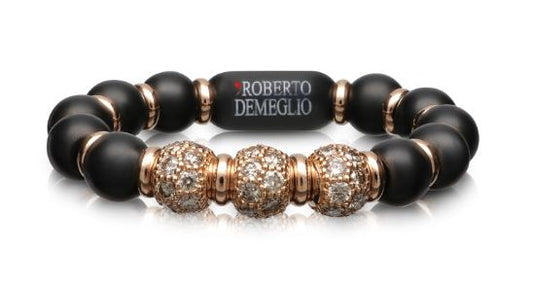 4mm Matte Black Ceramic Stretch Ring with 3 Champagne Diamond Beads and Gold Rodells