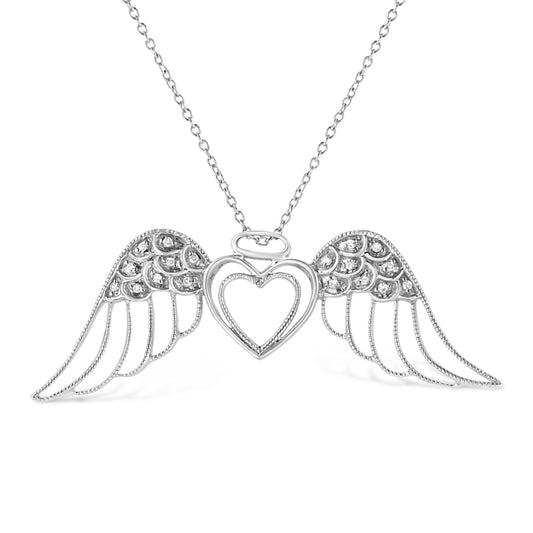 .925 Sterling Silver Pave-Set Diamond Accent Angel Wing 18" Double Heart Pendant Necklace