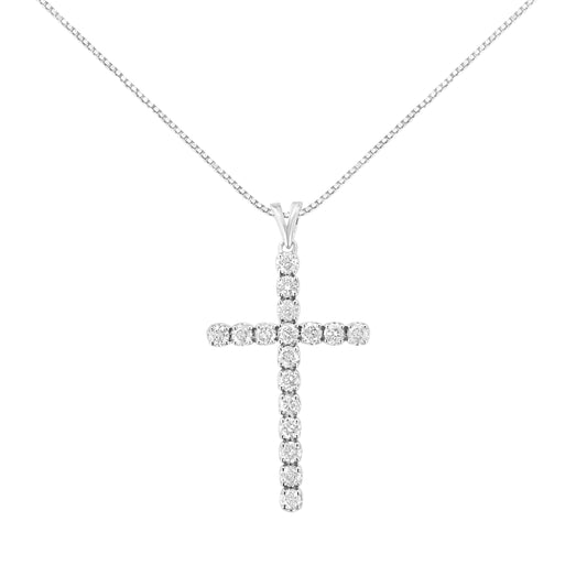 .925 Sterling Silver 2 cttw Classic Prong Set Round-Cut Diamond Cross 18" Pendant Necklace