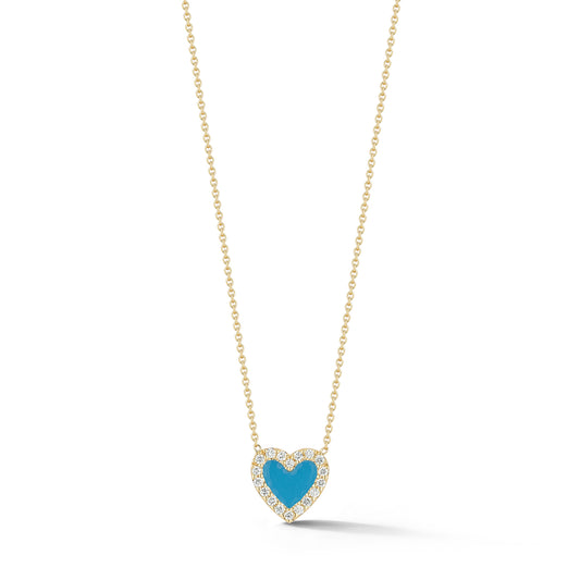 Turquoise Enamel Heart with Diamond Border Necklace