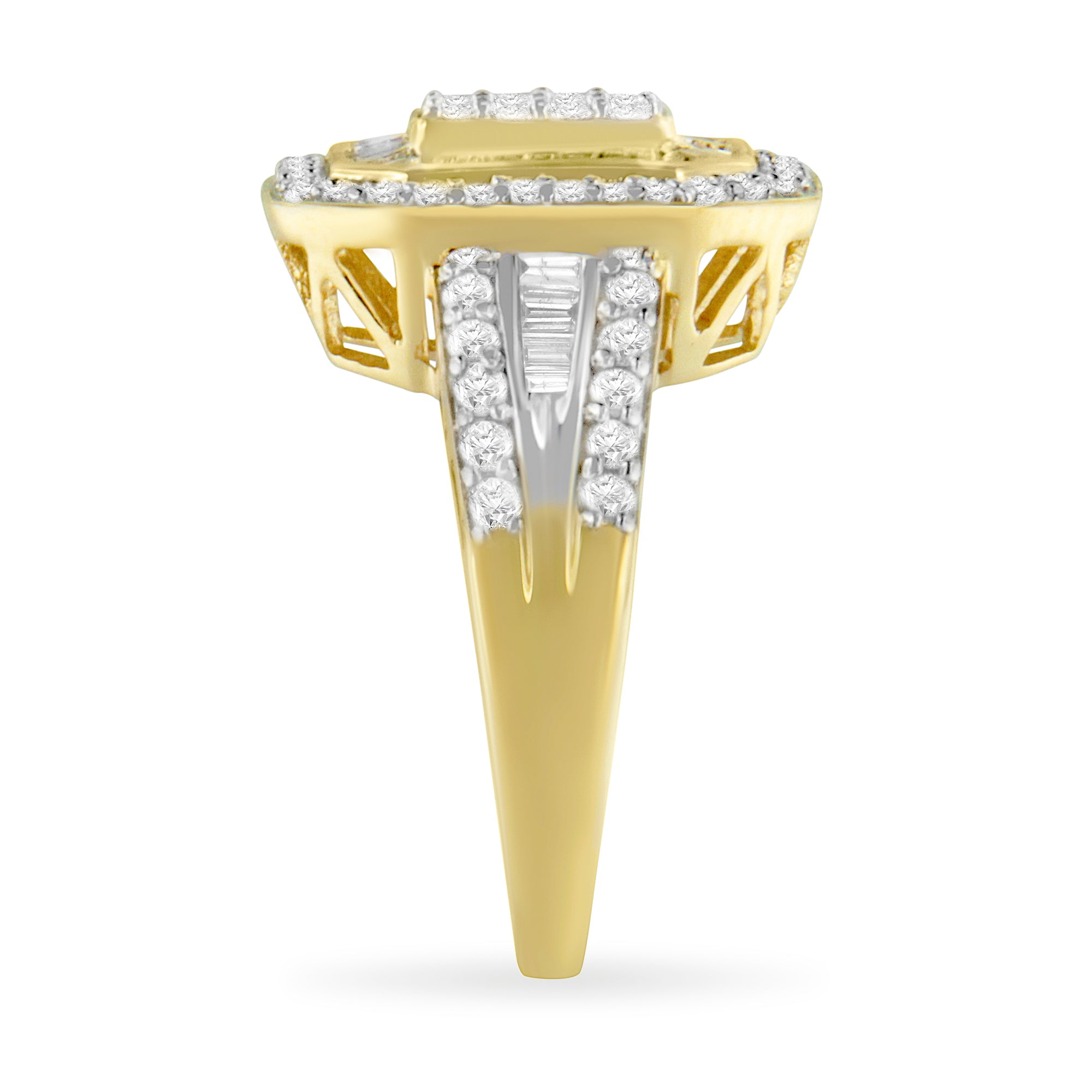 10K Yellow Gold 1.0 Cttw Diamond Vintage Inspired Baguette-Cut Double Halo Emerald-Shaped Frame Cocktail Ring  Size 6-1/2