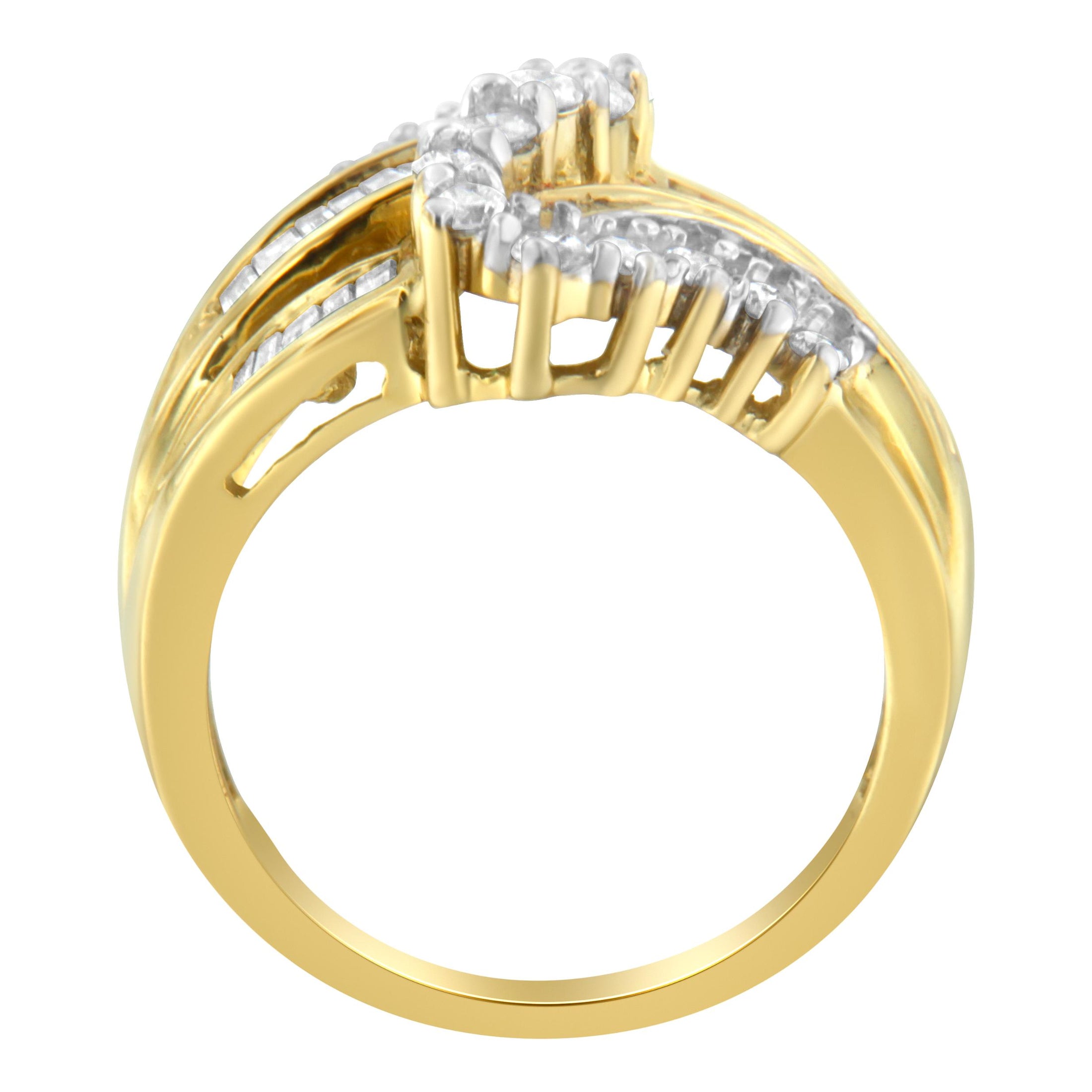 10K Yellow Gold Round and Baguette Cut Diamond Bypass Ring 1 Cttw,- Size 7