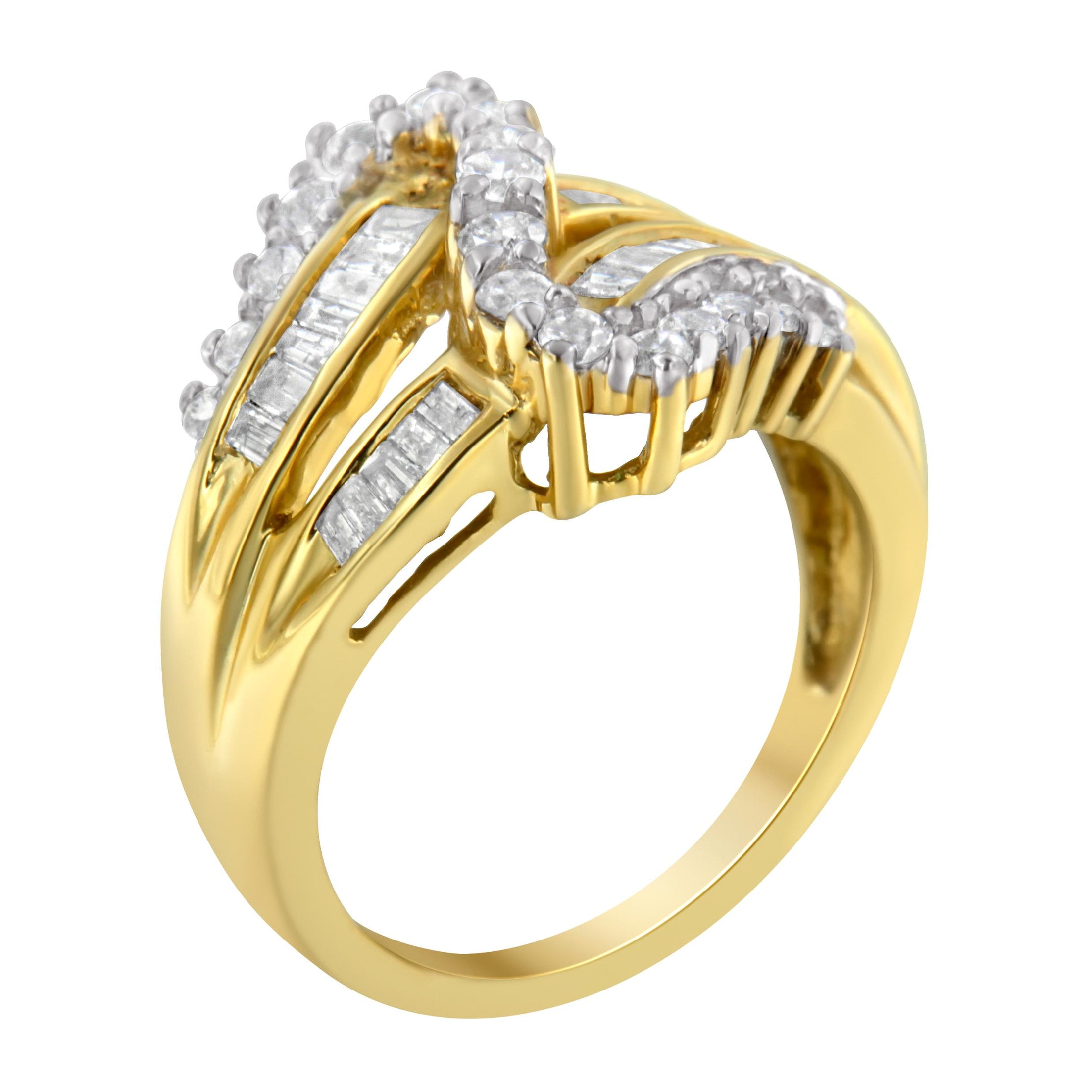 10K Yellow Gold Round and Baguette Cut Diamond Bypass Ring 1 Cttw,- Size 7