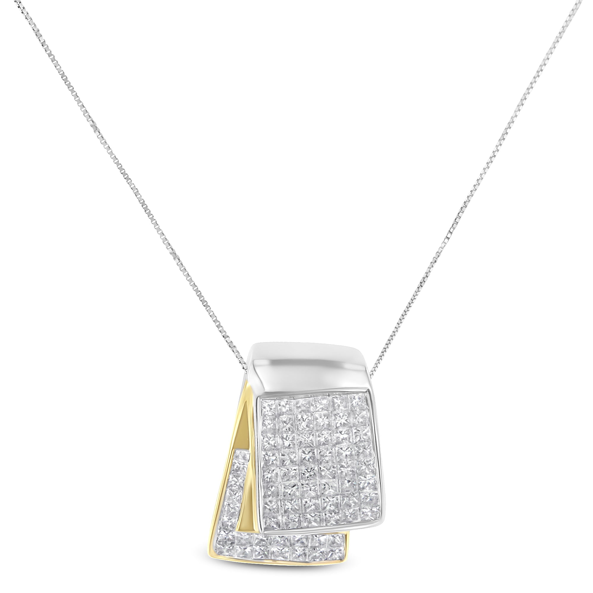 14K White and Yellow Gold 2.0 Cttw Princess Cut Diamond Two Tone Foldover Box Pendant 18” Box Chain Necklace