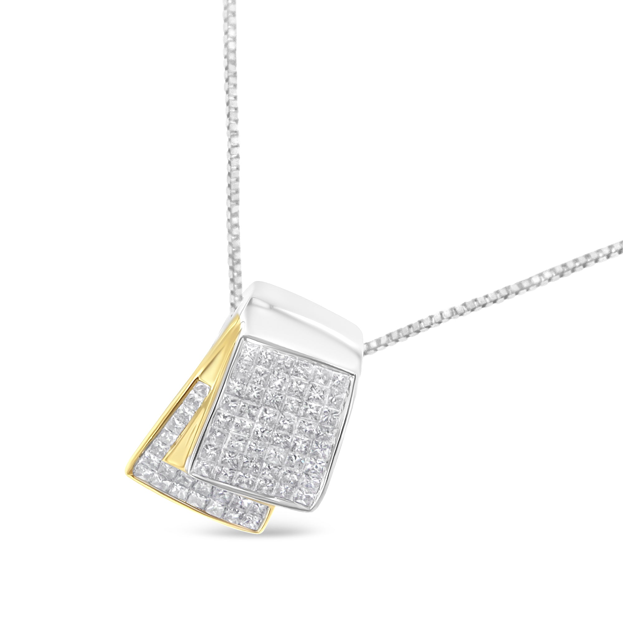 14K White and Yellow Gold 2.0 Cttw Princess Cut Diamond Two Tone Foldover Box Pendant 18” Box Chain Necklace