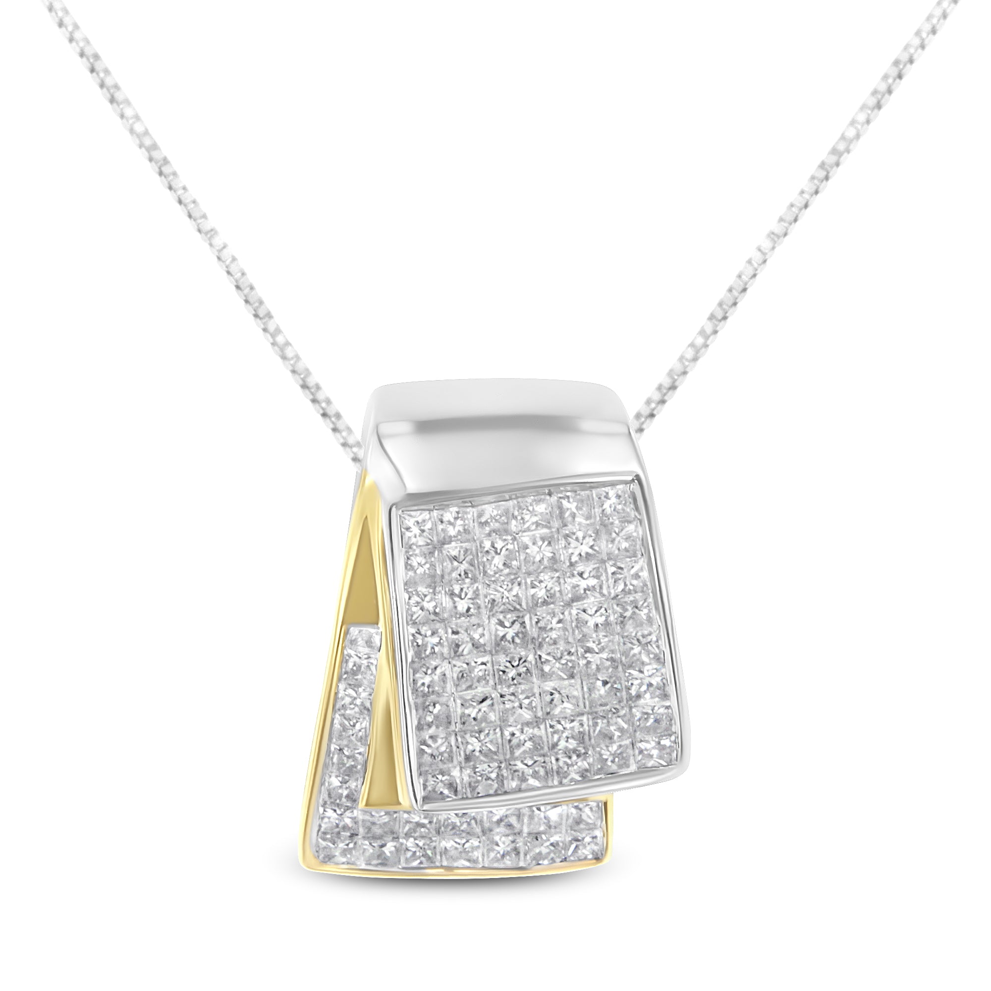 14K White and Yellow Gold 2.0 Cttw Princess Cut Diamond Two Tone Foldover Box Pendant 18” Box Chain Necklace