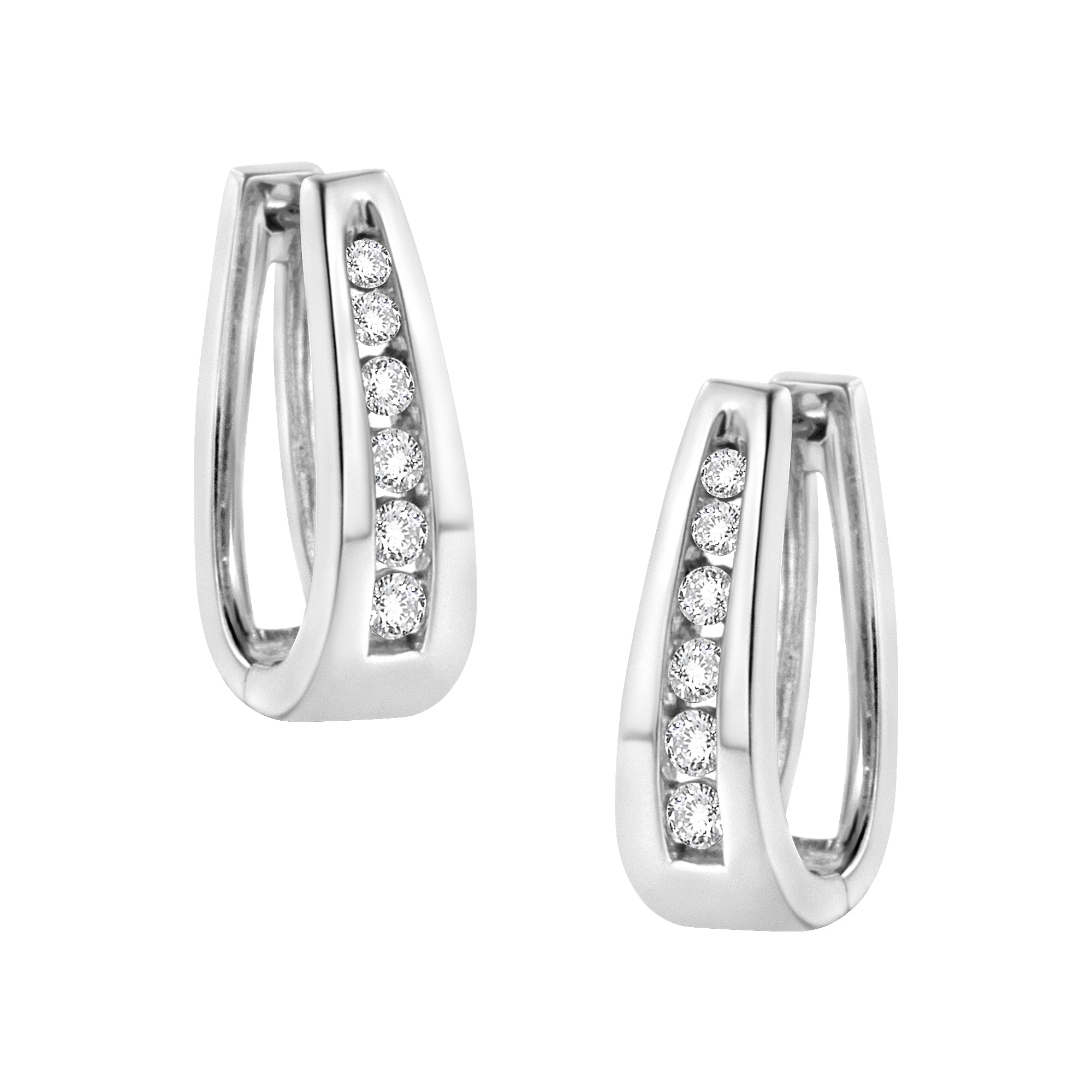 14k White Gold 1/4 Cttw Channel-Set Brilliant Round-Cut Diamond Hoop Earrings