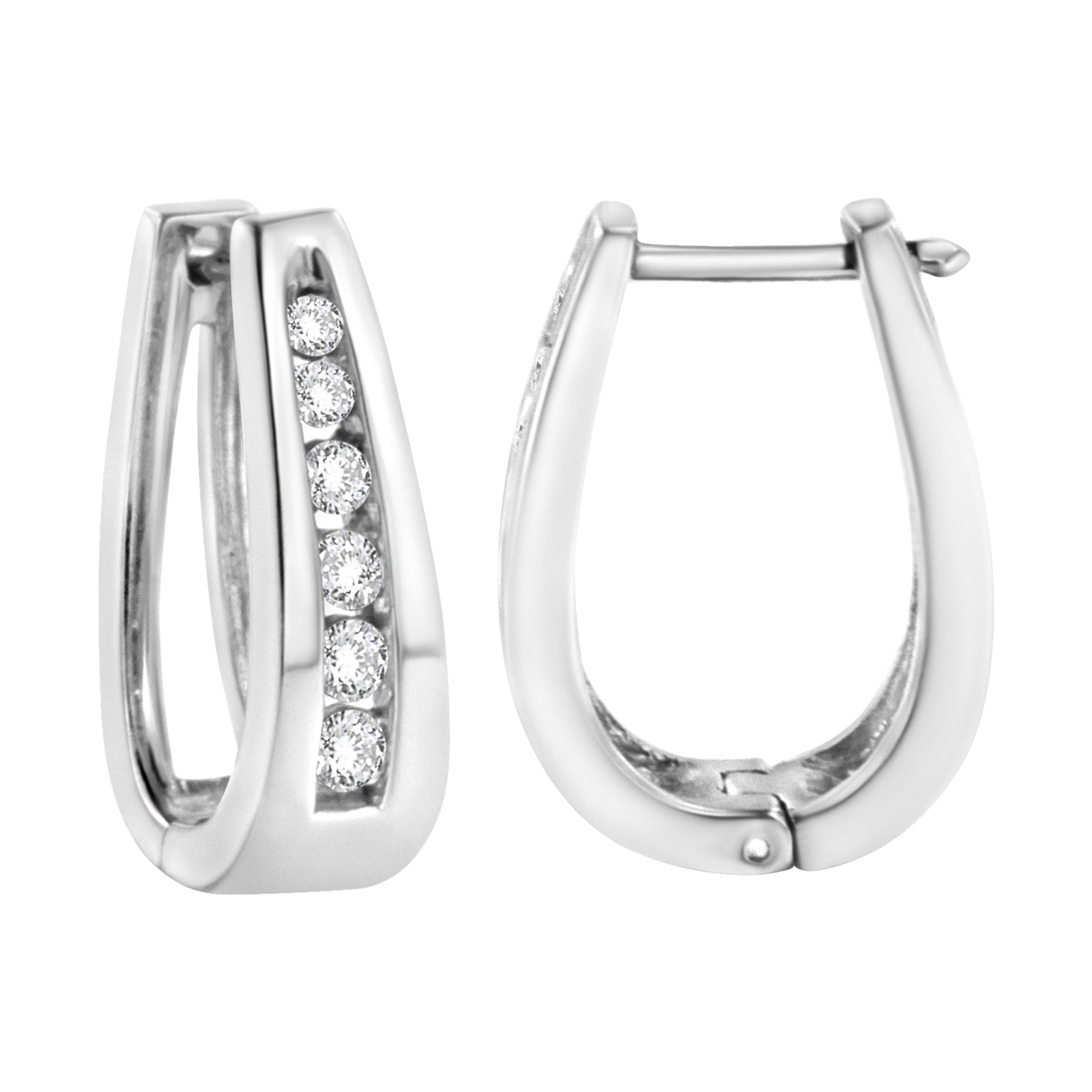 14k White Gold 1/4 Cttw Channel-Set Brilliant Round-Cut Diamond Hoop Earrings