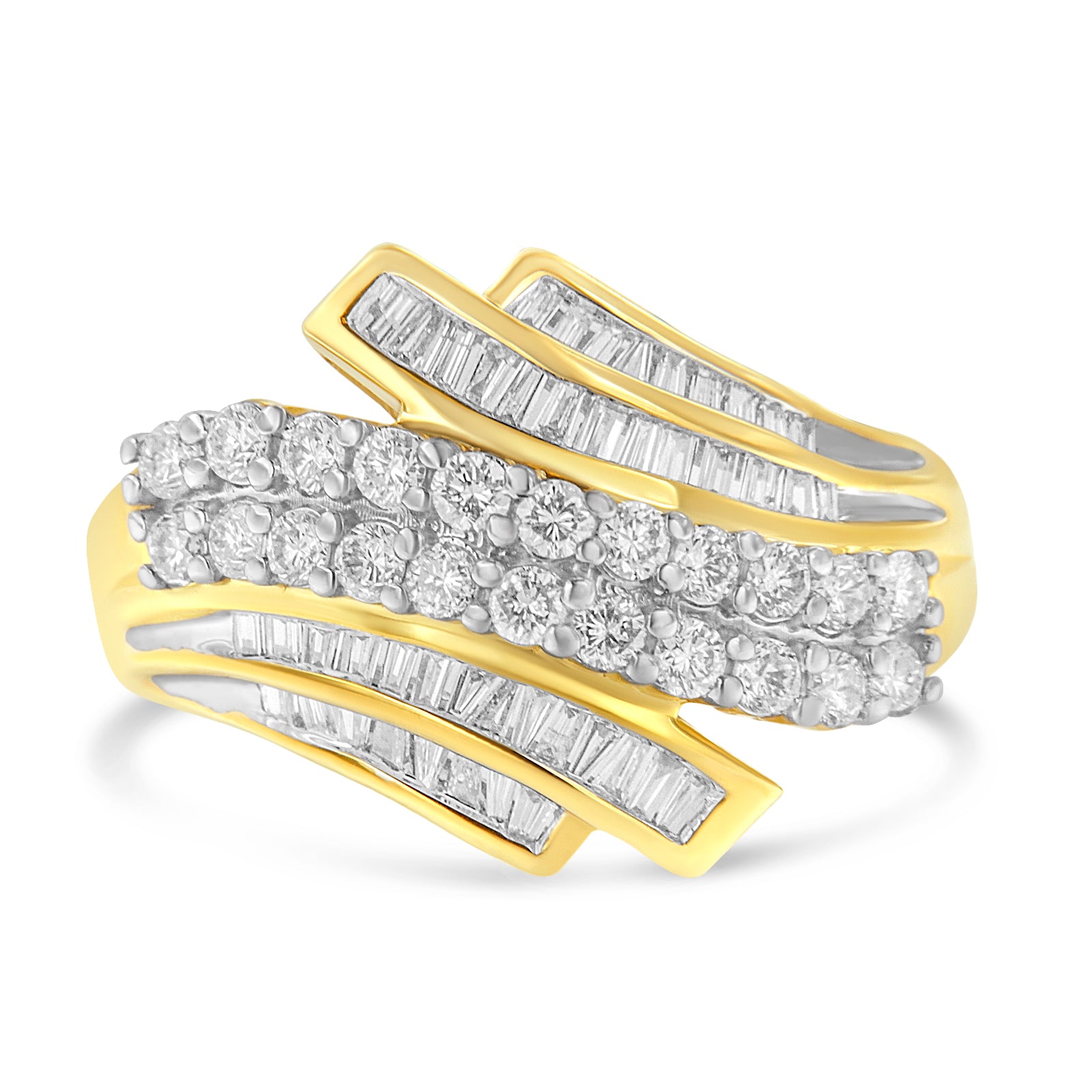 10K Yellow Gold 1.0 Cttw Round & Baguette Cut Diamond 64 Stone Bypass Style Channel Set Modern Statement Ring - Size 6