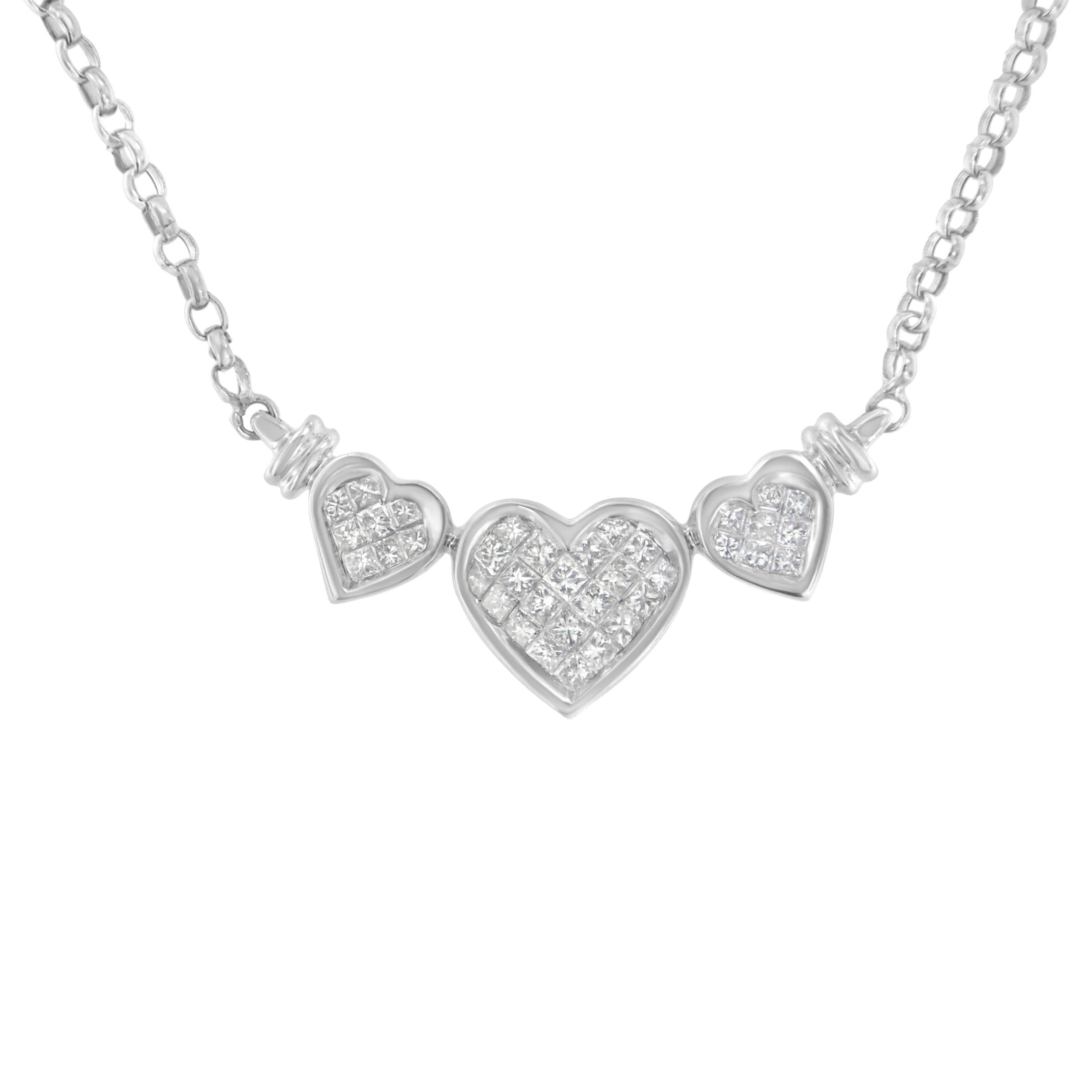 14K White Gold 1.0 Cttw Princess Cut Diamond Three Heart 18" Statement Pendant Necklace