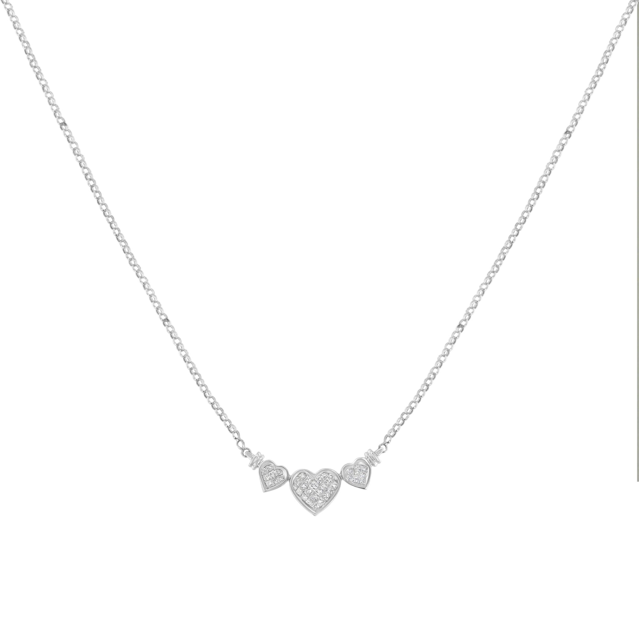 14K White Gold 1.0 Cttw Princess Cut Diamond Three Heart 18" Statement Pendant Necklace