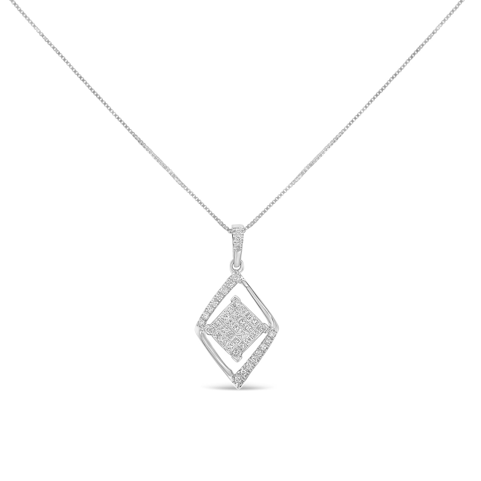 10k White Gold 1/3 Cttw Round and Princess-Cut Diamond Double Triangle 18" Pendant Necklace