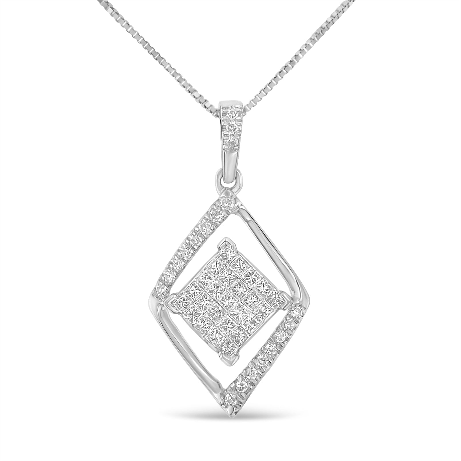 10k White Gold 1/3 Cttw Round and Princess-Cut Diamond Double Triangle 18" Pendant Necklace