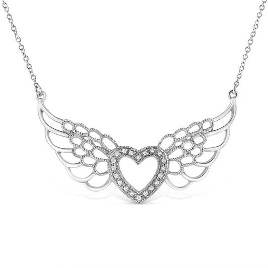 .925 Sterling Silver Pave-Set Diamond Accent Fairy Wing 18" Heart Pendant Necklace