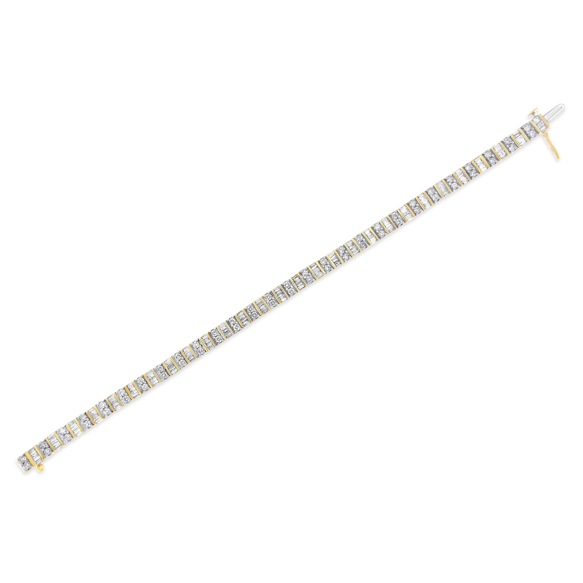 10K Yellow Gold 4.0 Cttw Alternating Baguette & Round Cut Diamond Bezel- & Prong-Set 7" Tennis Bracelet