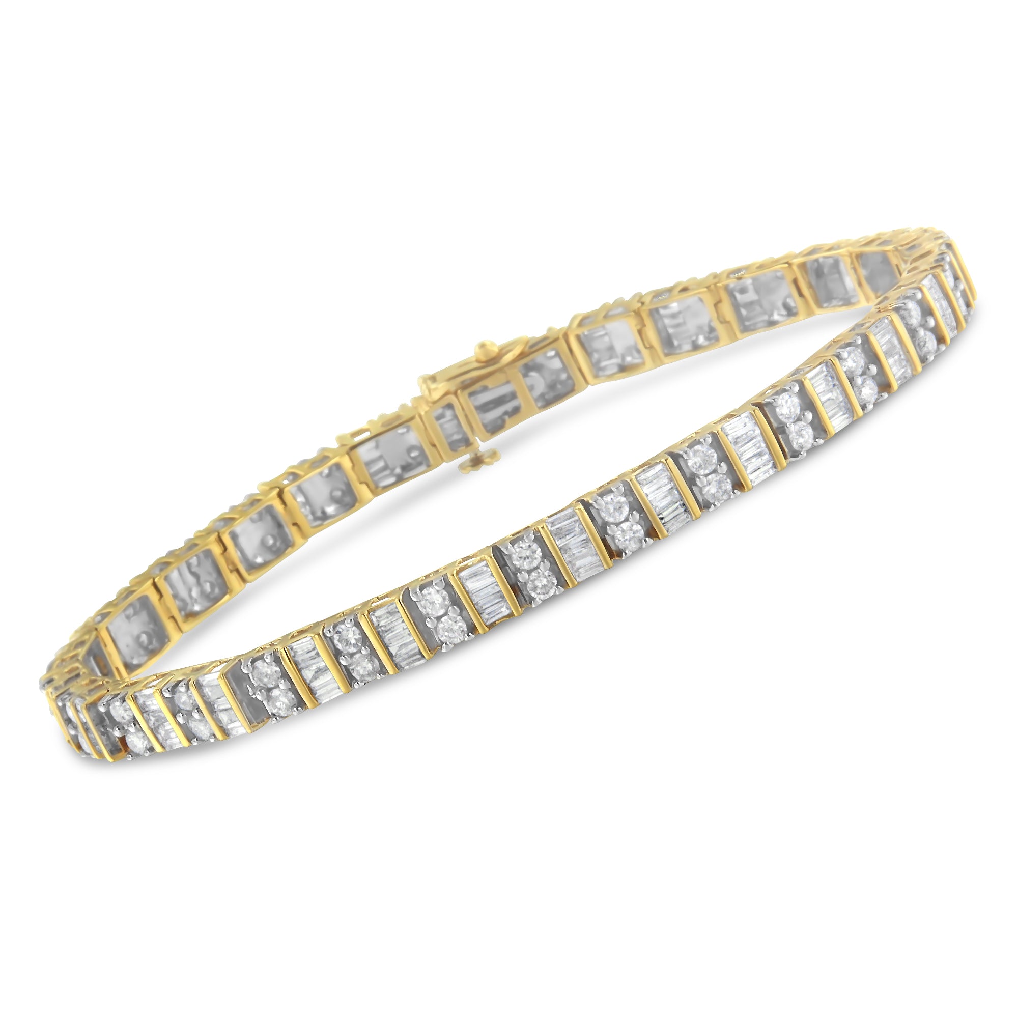 10K Yellow Gold 4.0 Cttw Alternating Baguette & Round Cut Diamond Bezel- & Prong-Set 7" Tennis Bracelet