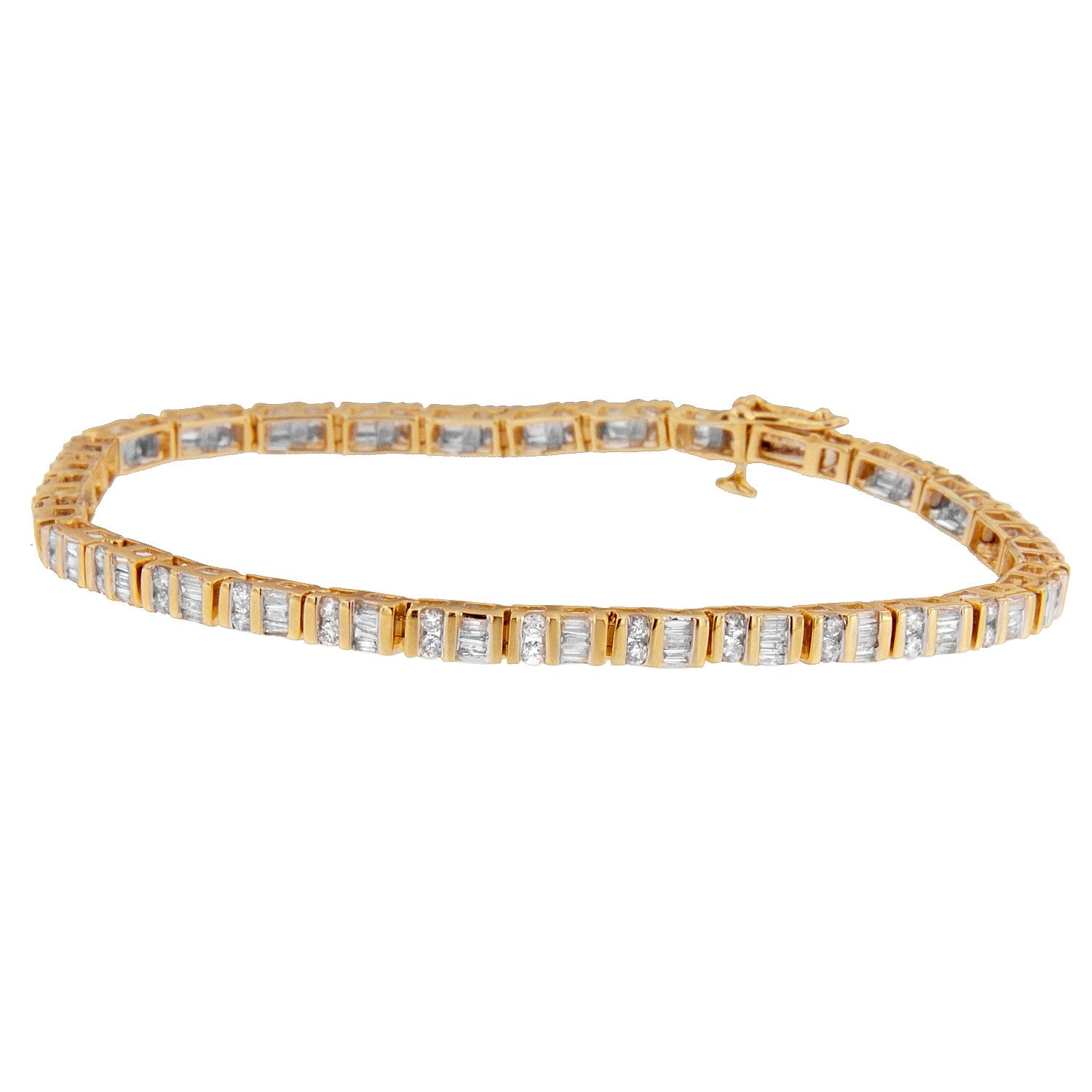 14K Yellow Gold Round and Baguette-Cut Diamond Bracelet 2.00 cttw