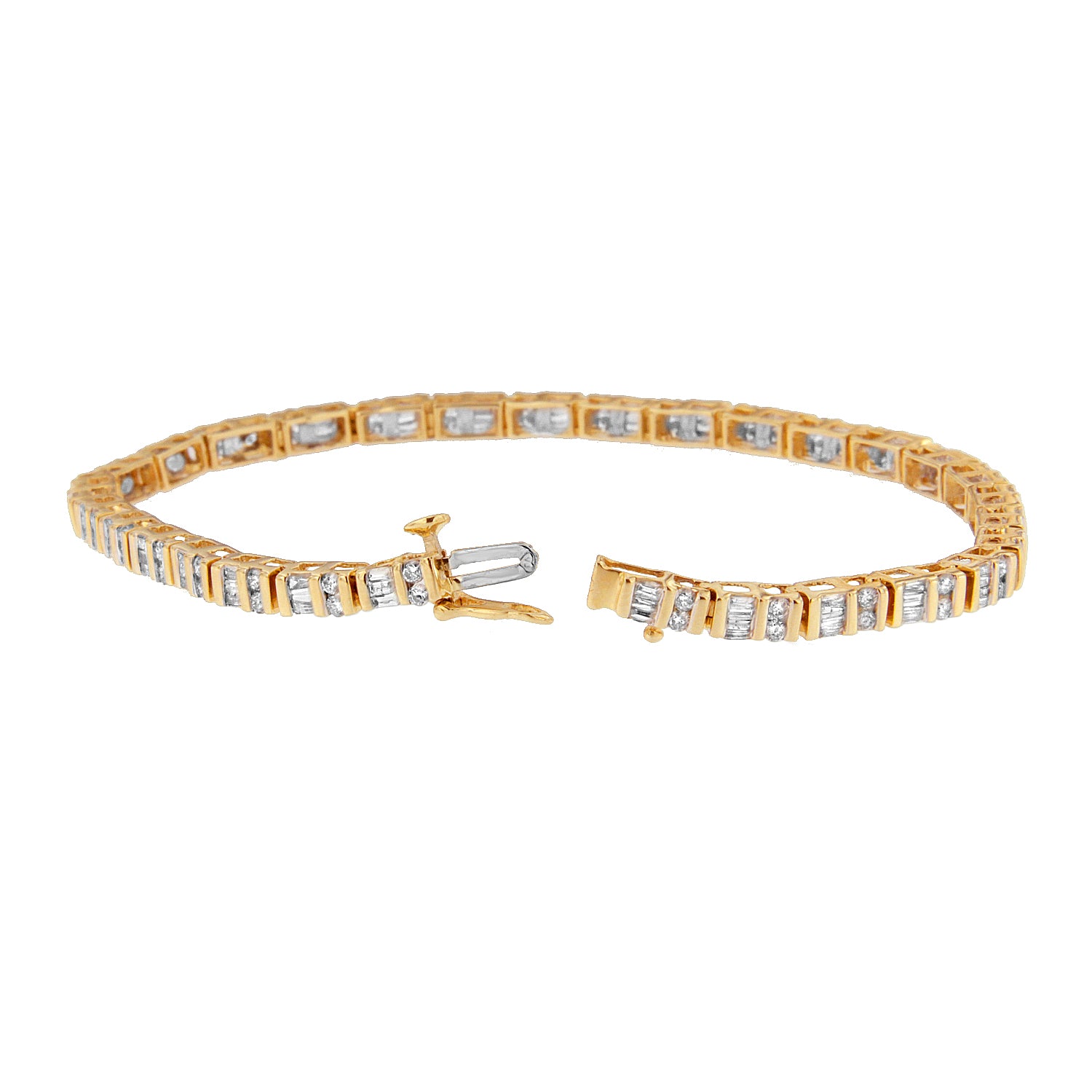 14K Yellow Gold Round and Baguette-Cut Diamond Bracelet 2.00 cttw