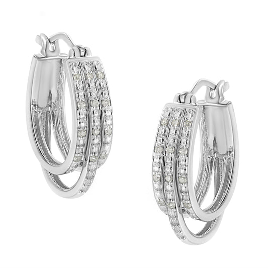 .925 Sterling Silver 1/4 Cttw Diamond and Alternating Beaded Triple Hoop Earring