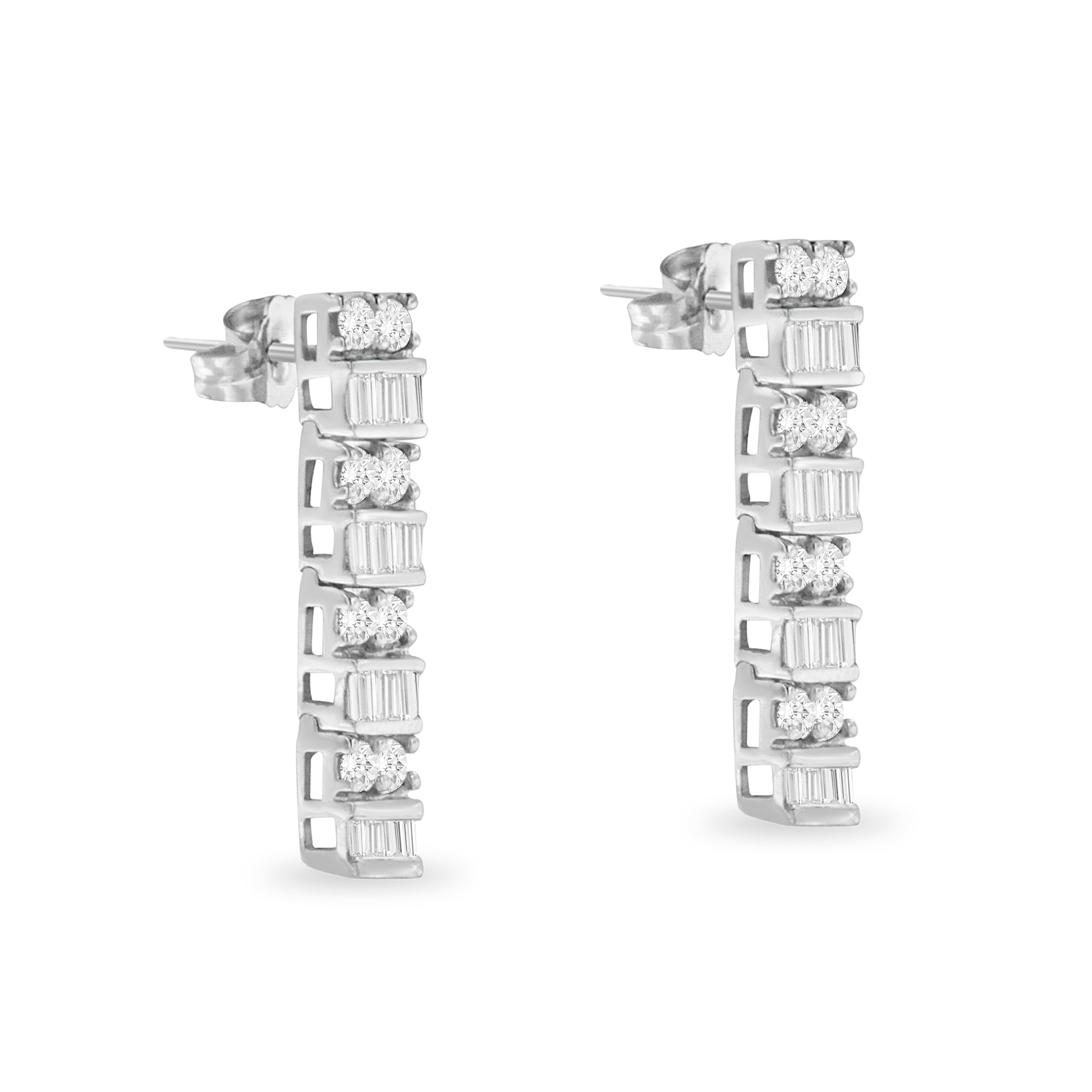 14K White Gold 1 1/3 cttw Round And Baguette Cut Diamond Earrings