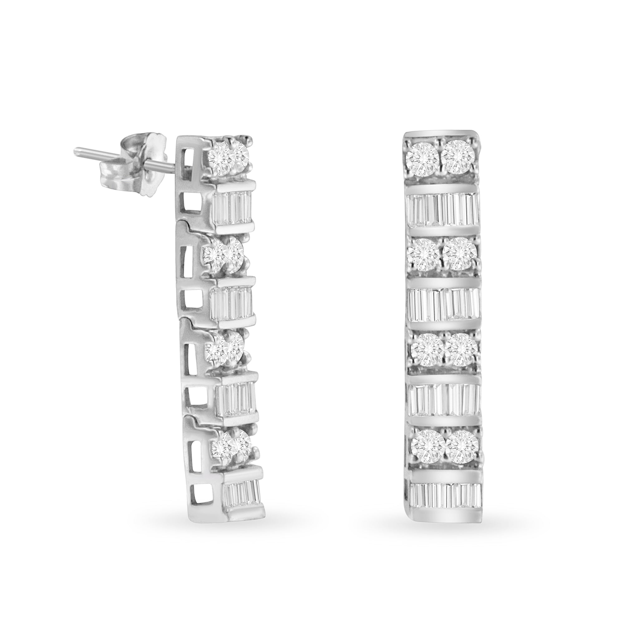 14K White Gold 1 1/3 cttw Round And Baguette Cut Diamond Earrings
