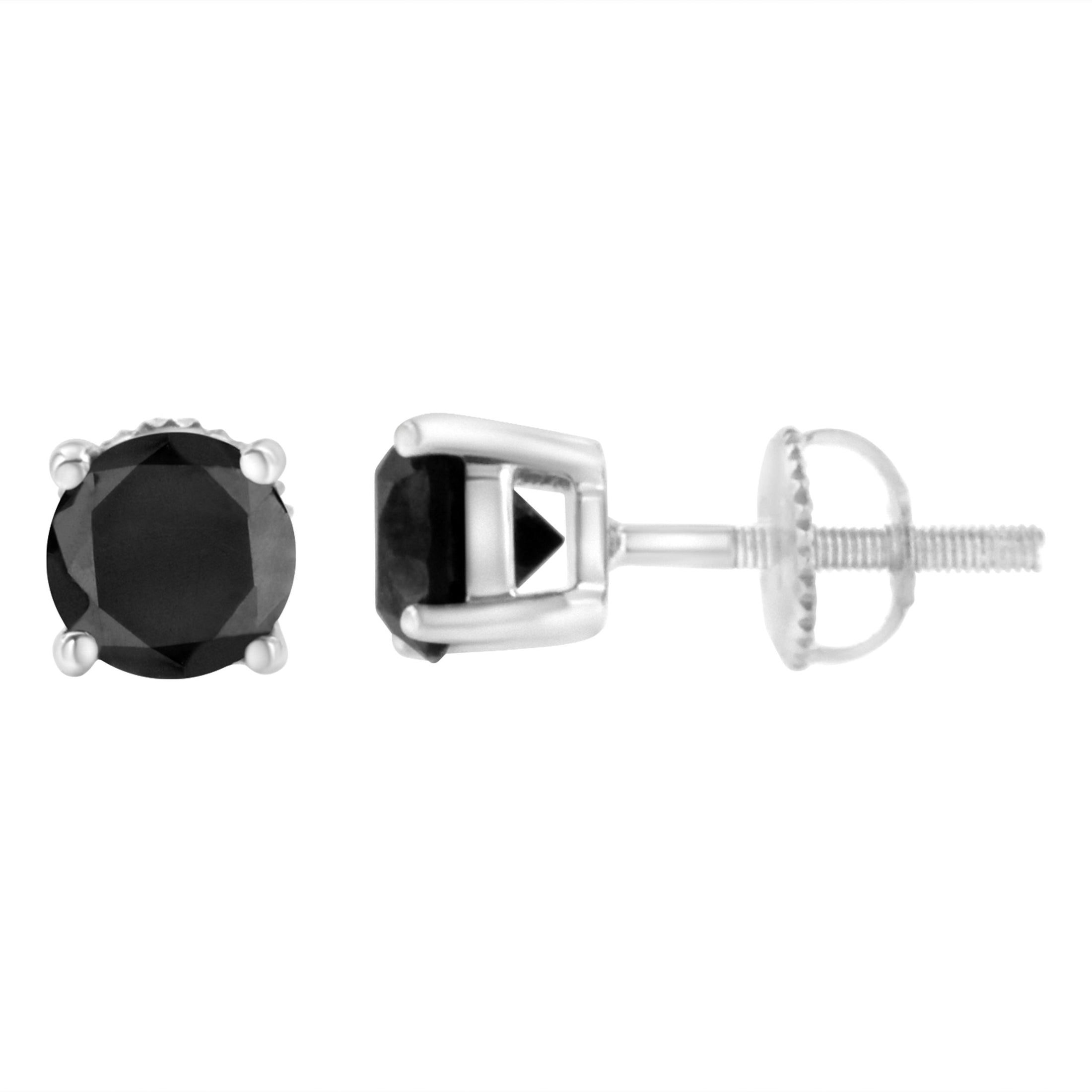 14K White Gold 2.00 Cttw Round Brilliant-Cut Black Diamond Classic 4-Prong Stud Earrings with Screw Backs
