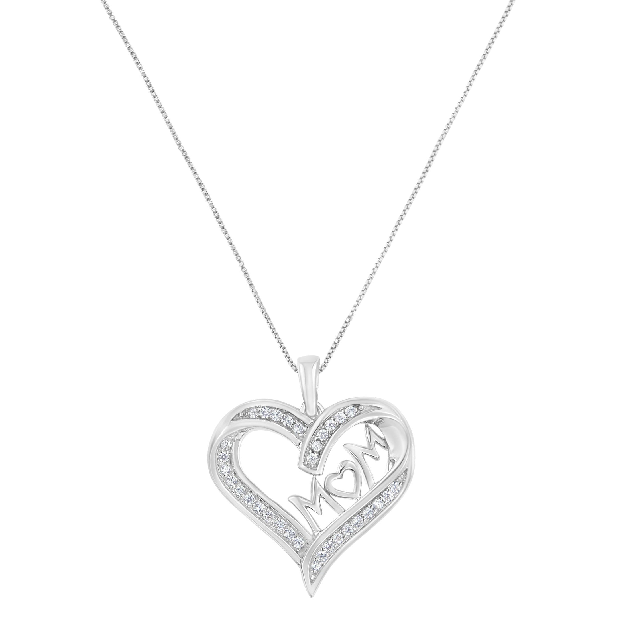 .925 Sterling Silver 1/4 cttw Diamond Engraved "Mom" in Heart Pendant Necklace