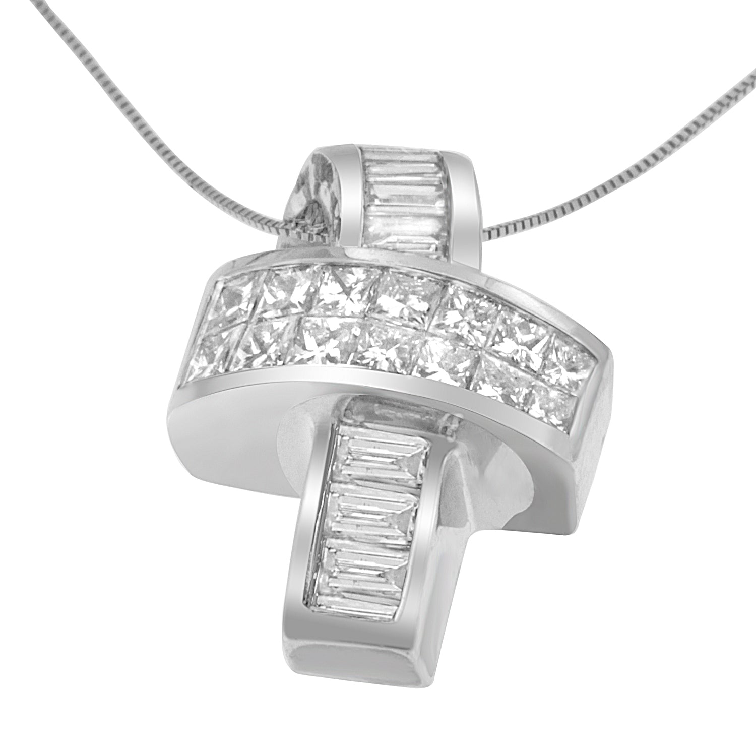 14K White Gold 2 cttw Princess and Baguette Cut Diamond Ribbon Pendant Necklace