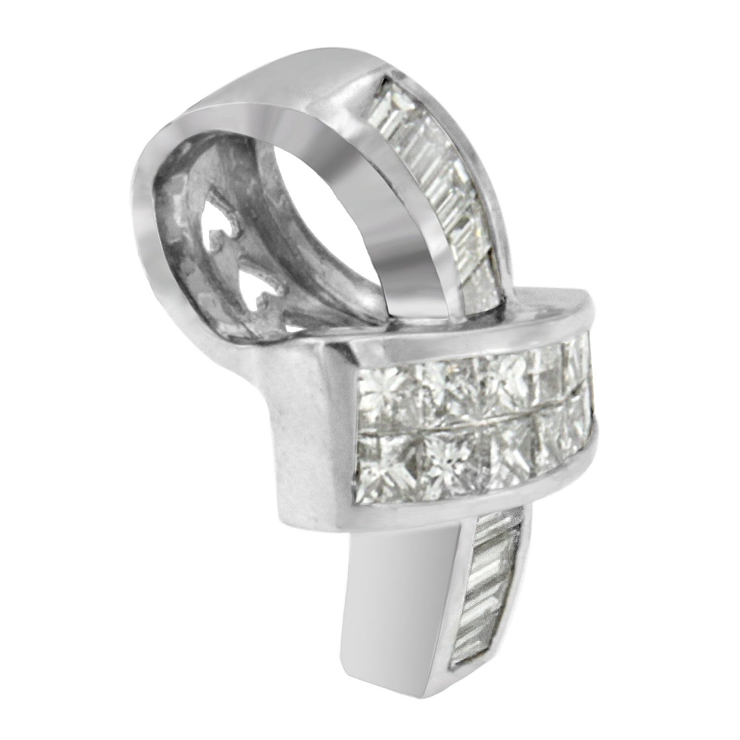 14K White Gold 2 cttw Princess and Baguette Cut Diamond Ribbon Pendant Necklace