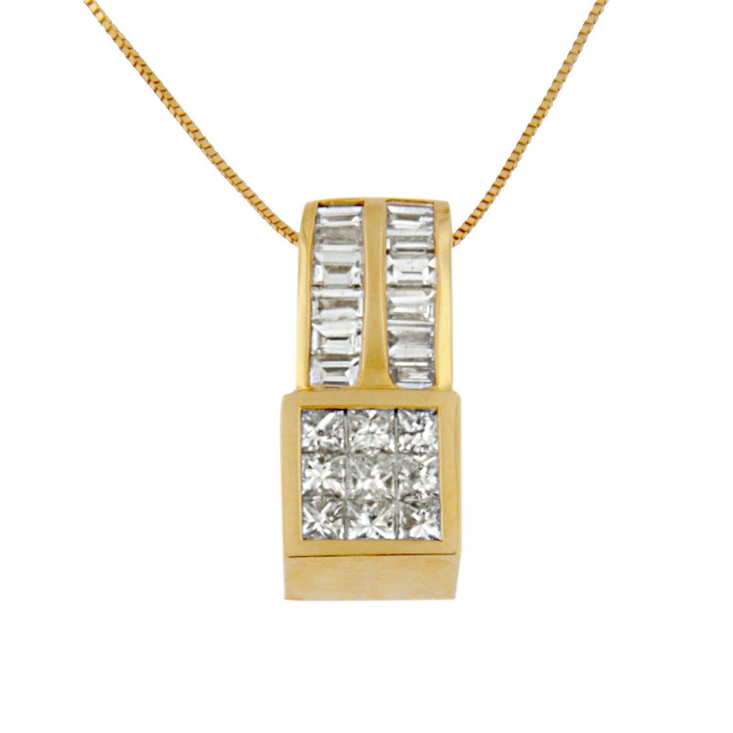 14K Yellow Gold 1 1/4 cttw Princess and Baguette Cut Geometric Inspired Diamond Pendant Necklace