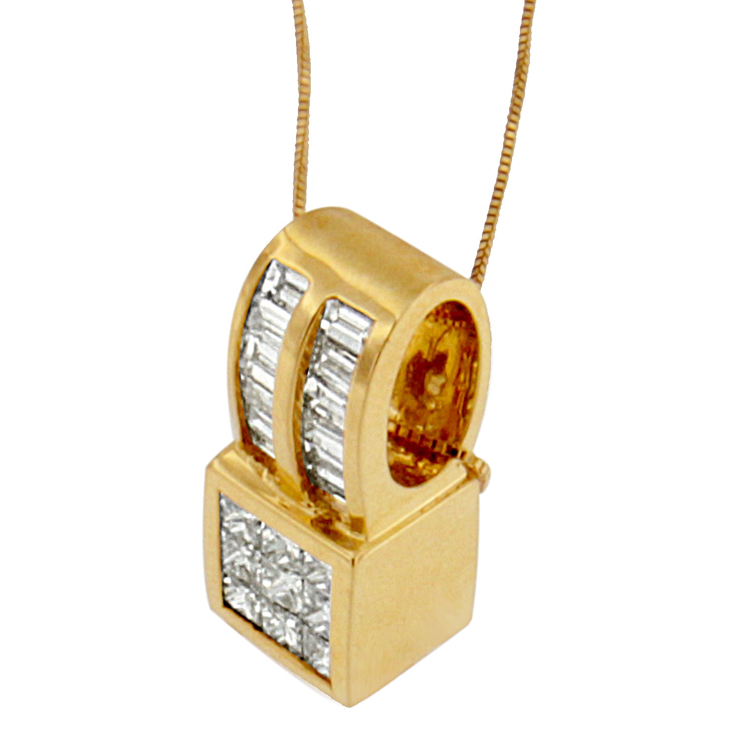 14K Yellow Gold 1 1/4 cttw Princess and Baguette Cut Geometric Inspired Diamond Pendant Necklace