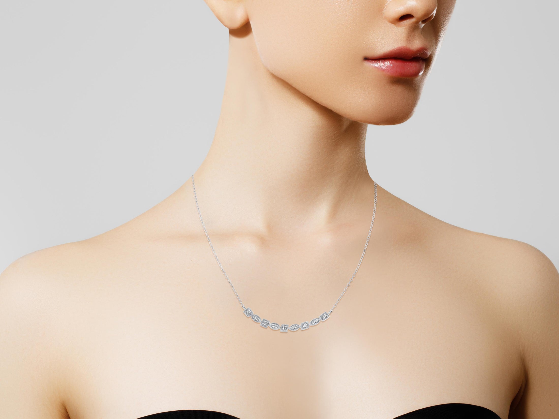 Sterling Silver Diamond Bar Mixed Shape Necklace