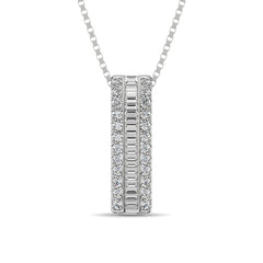 14K White Gold Round and Baguette Diamond 1/3 Ct.Tw. Drop Bar Pendant