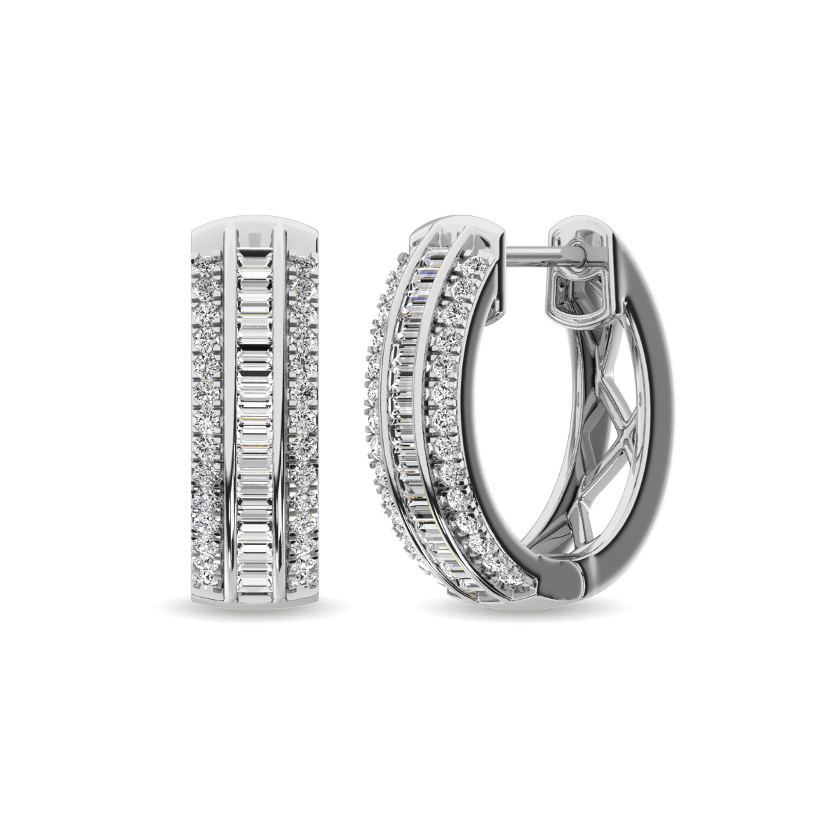 Diamond 1/3 Ct.Tw. Round and Baguette Hoop Earrings in 10K White Gold