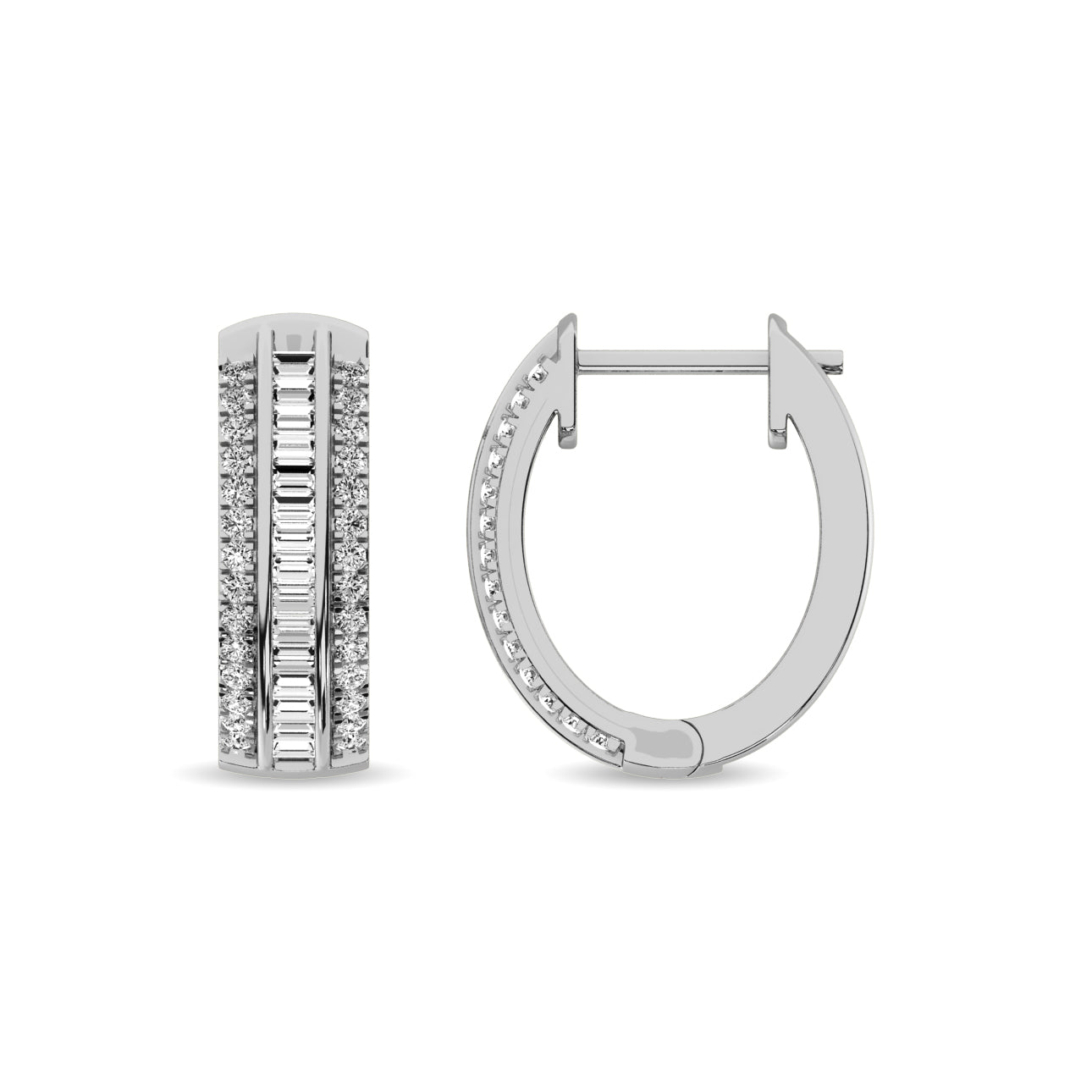 Diamond 1/3 Ct.Tw. Round and Baguette Hoop Earrings in 10K White Gold