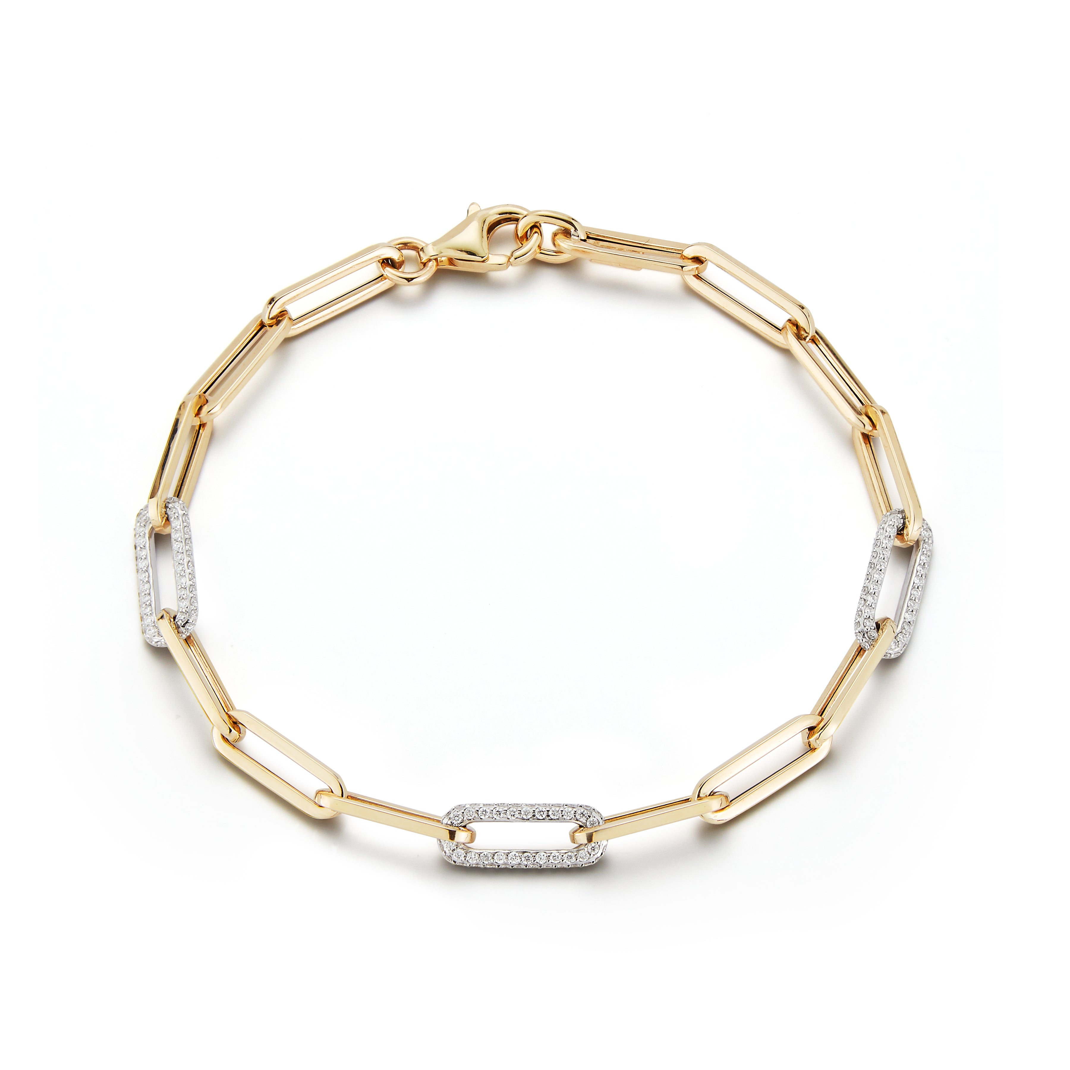Paperclip Solid Gold Link Bracelet with 3 Diamond Pave Links
