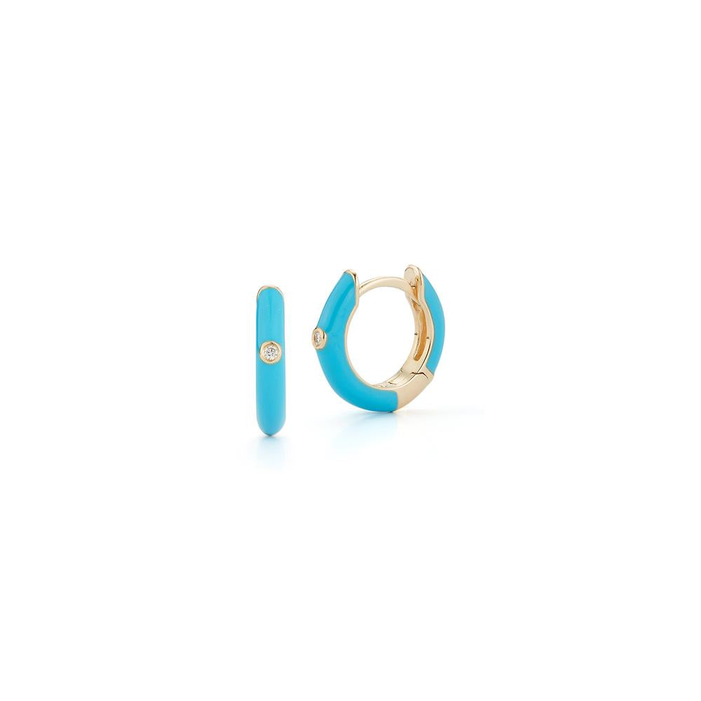 Turquoise Enamel Huggie Earrings with One Diamond