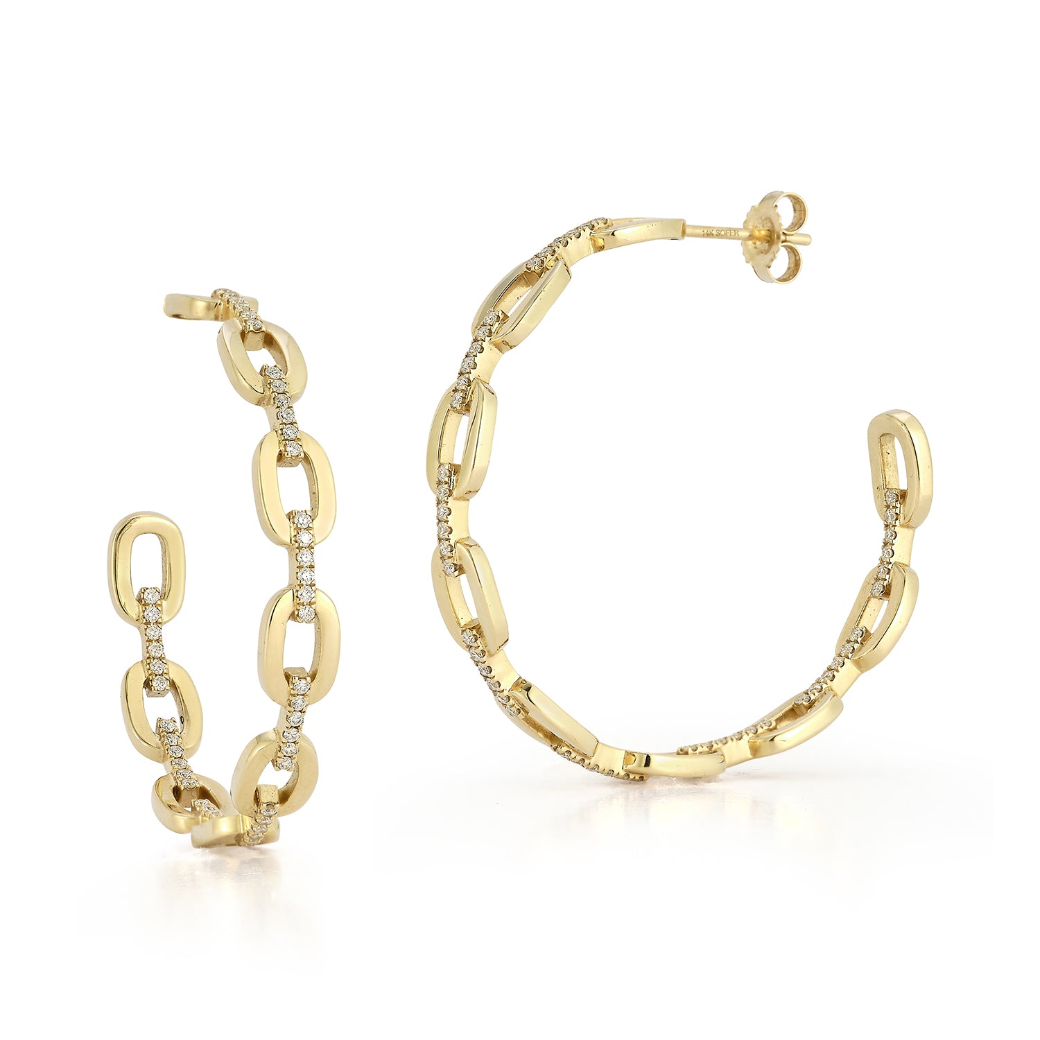 Gold Link Stud Hoop Earrings with Pave Diamond Bar Connection