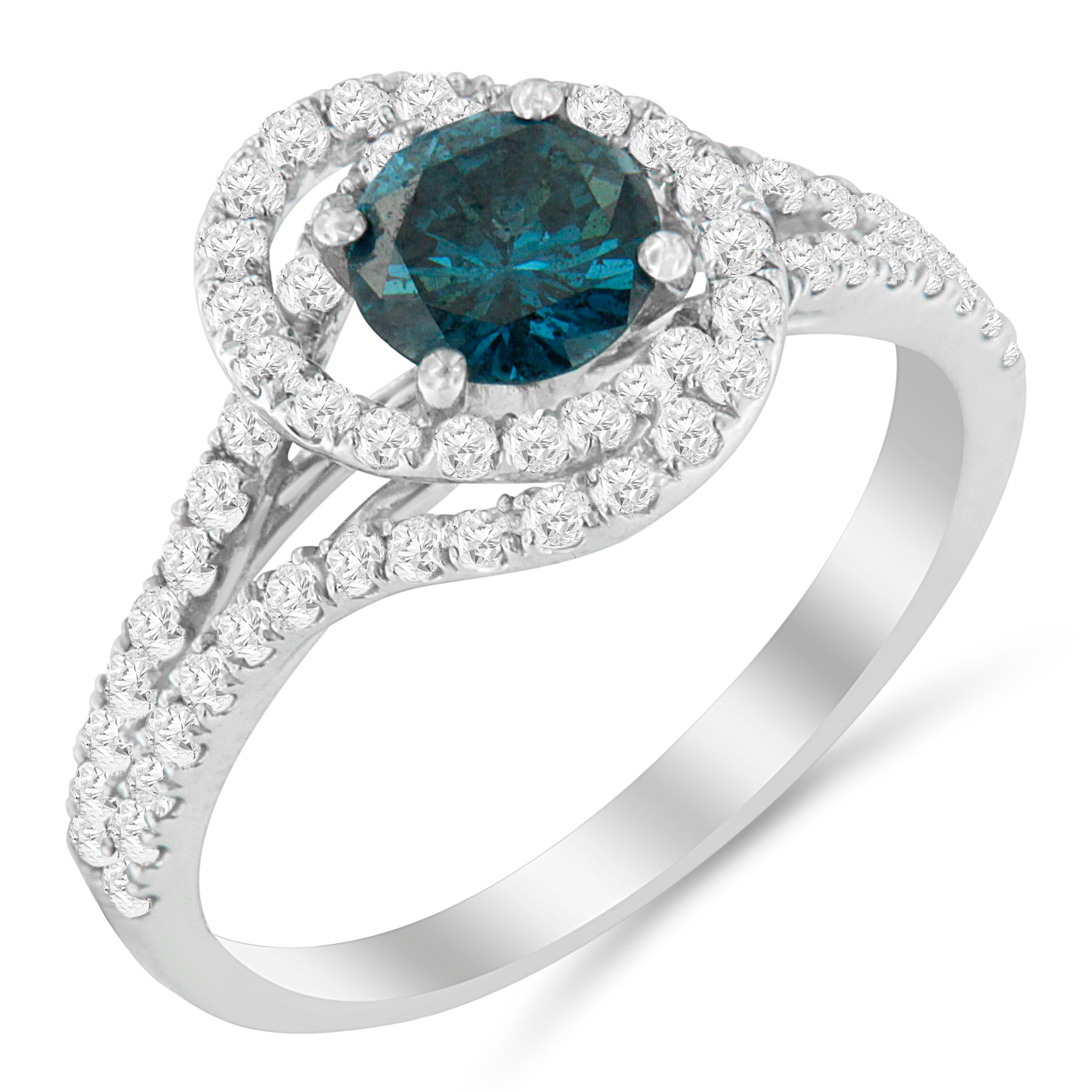 14K White Gold 1-1/3 Cttw White & Blue Diamond Interweaving Double Halo Cocktail Statement Ring Fancy Blue Color - Size 6