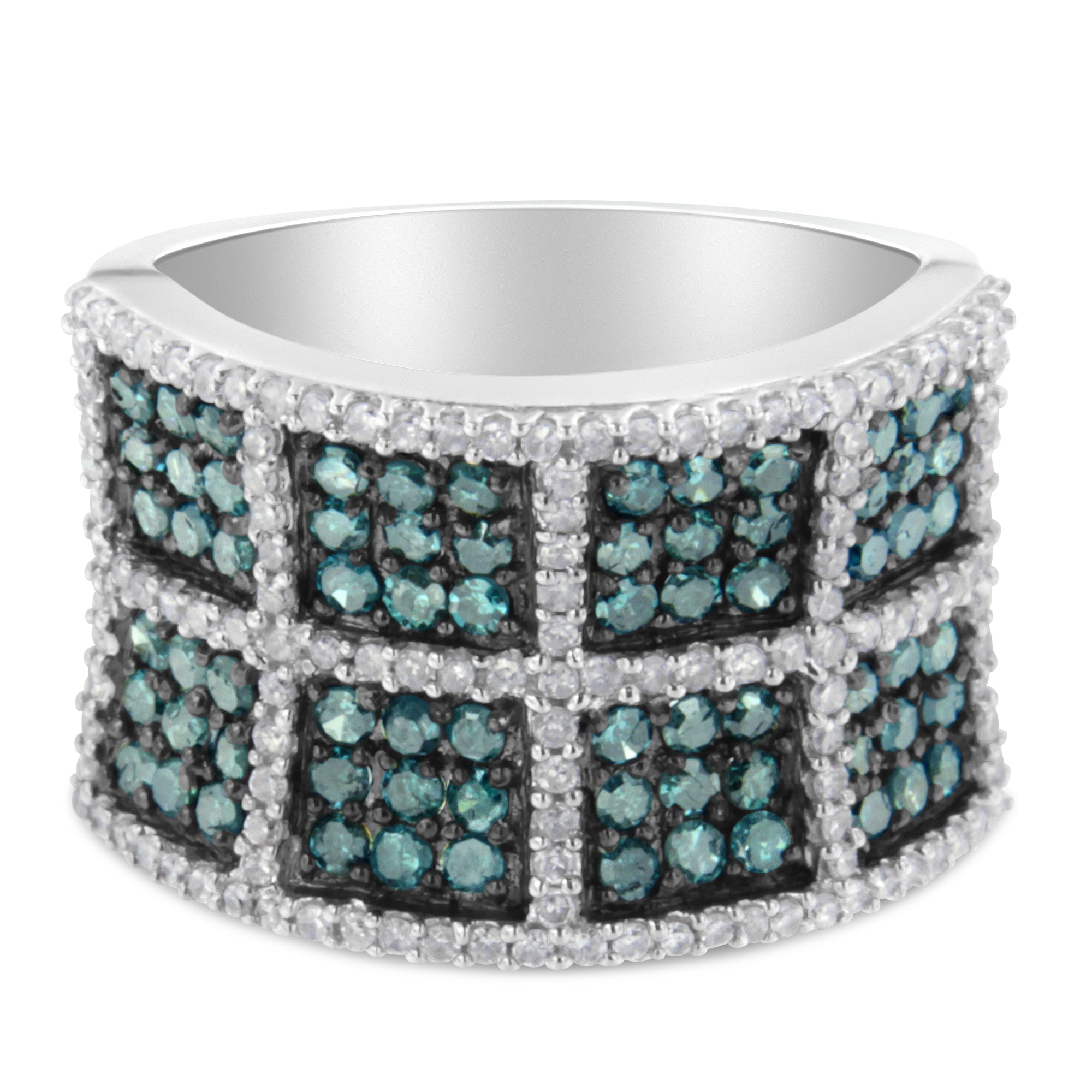 14K White Gold White and Blue Diamond Cocktail Ring - Size 6