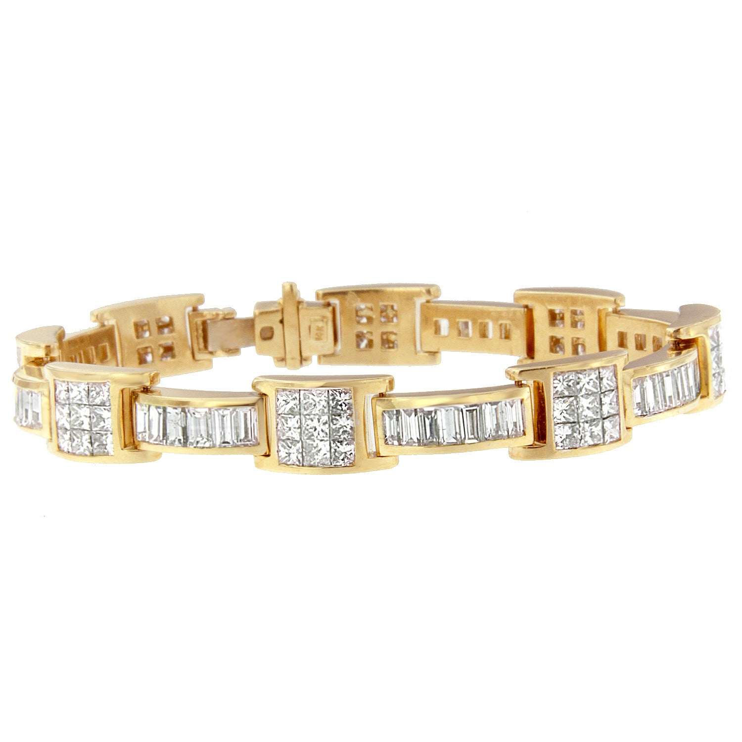 14K Yellow Gold Princess and Baguette-Cut Diamond Box-Link Bracelet 10.75 cttw