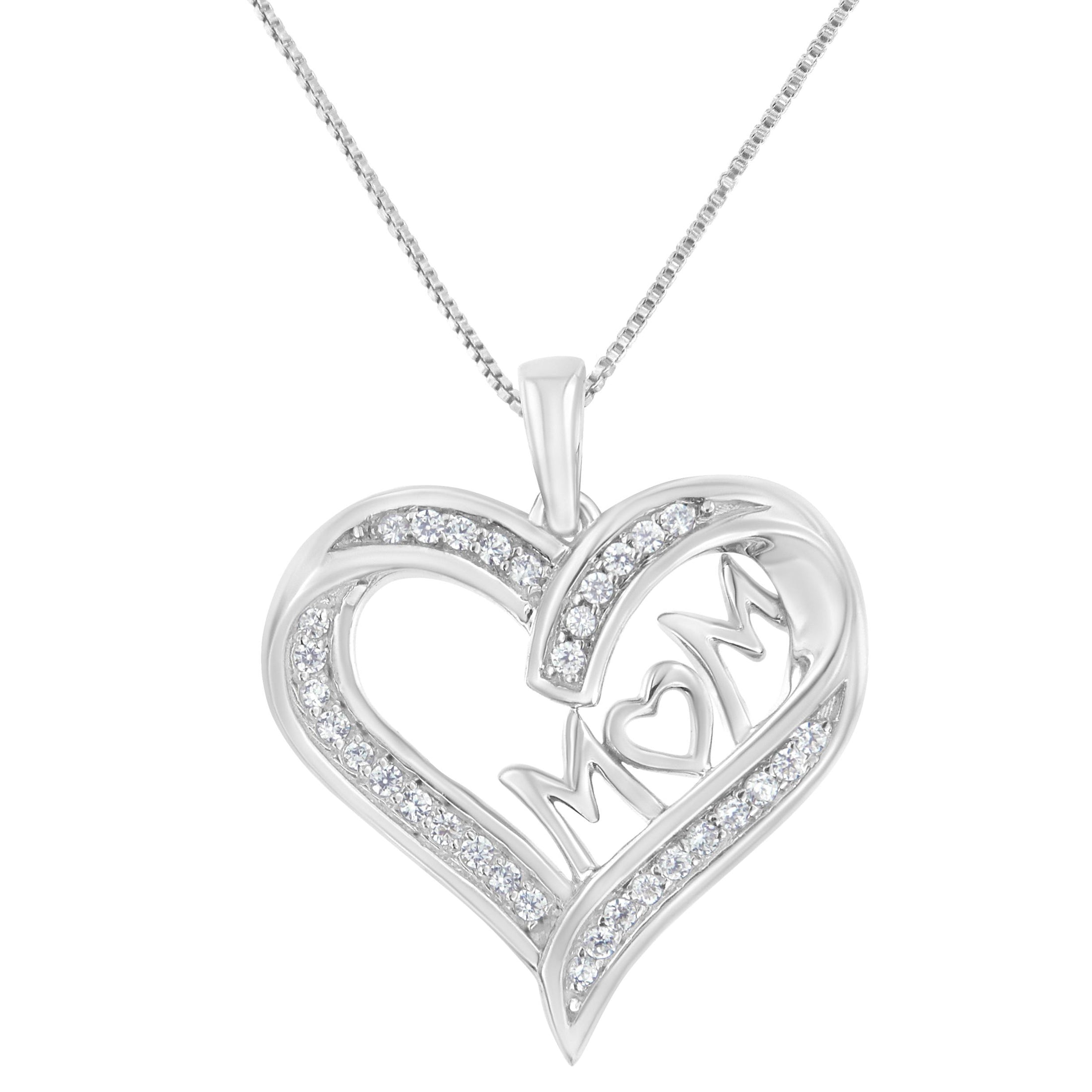 .925 Sterling Silver 1/4 cttw Diamond Engraved "Mom" in Heart Pendant Necklace