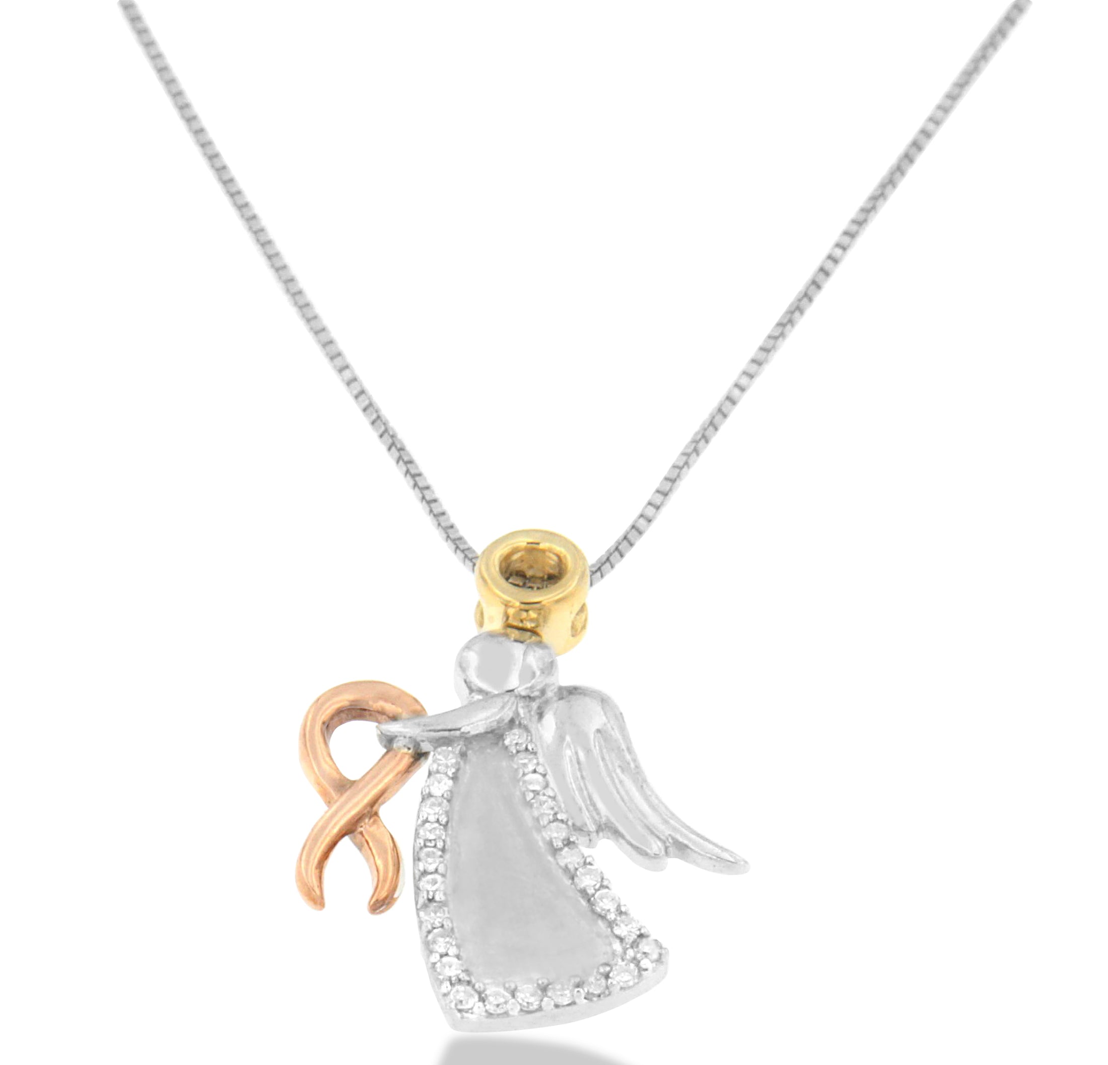 10K Tri-Color Gold Diamond-Accented Angel Awareness Ribbon Pendant Necklace
